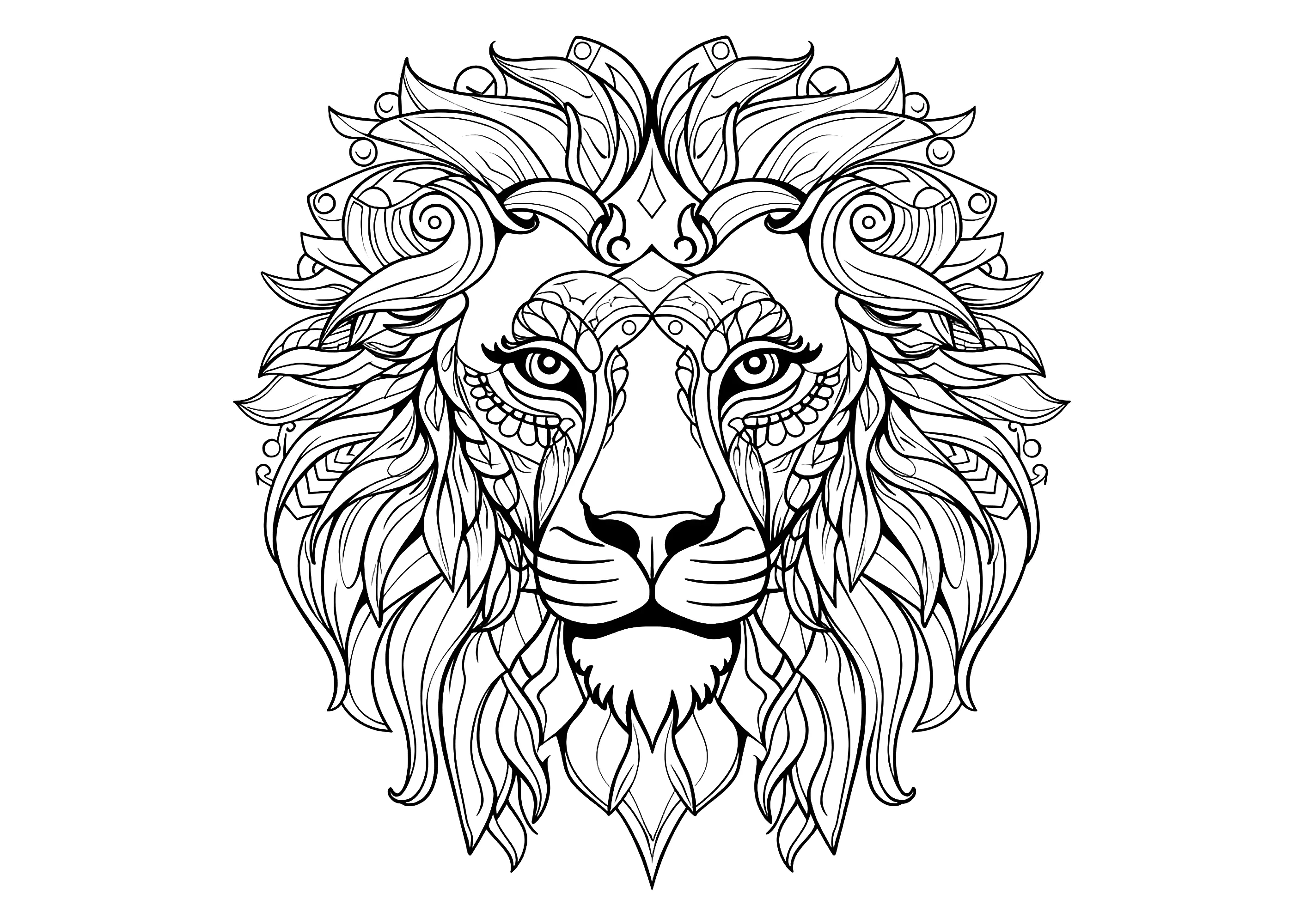 Cabeza de león y bellos motivos (Página de Leones para imprimir para adultos)