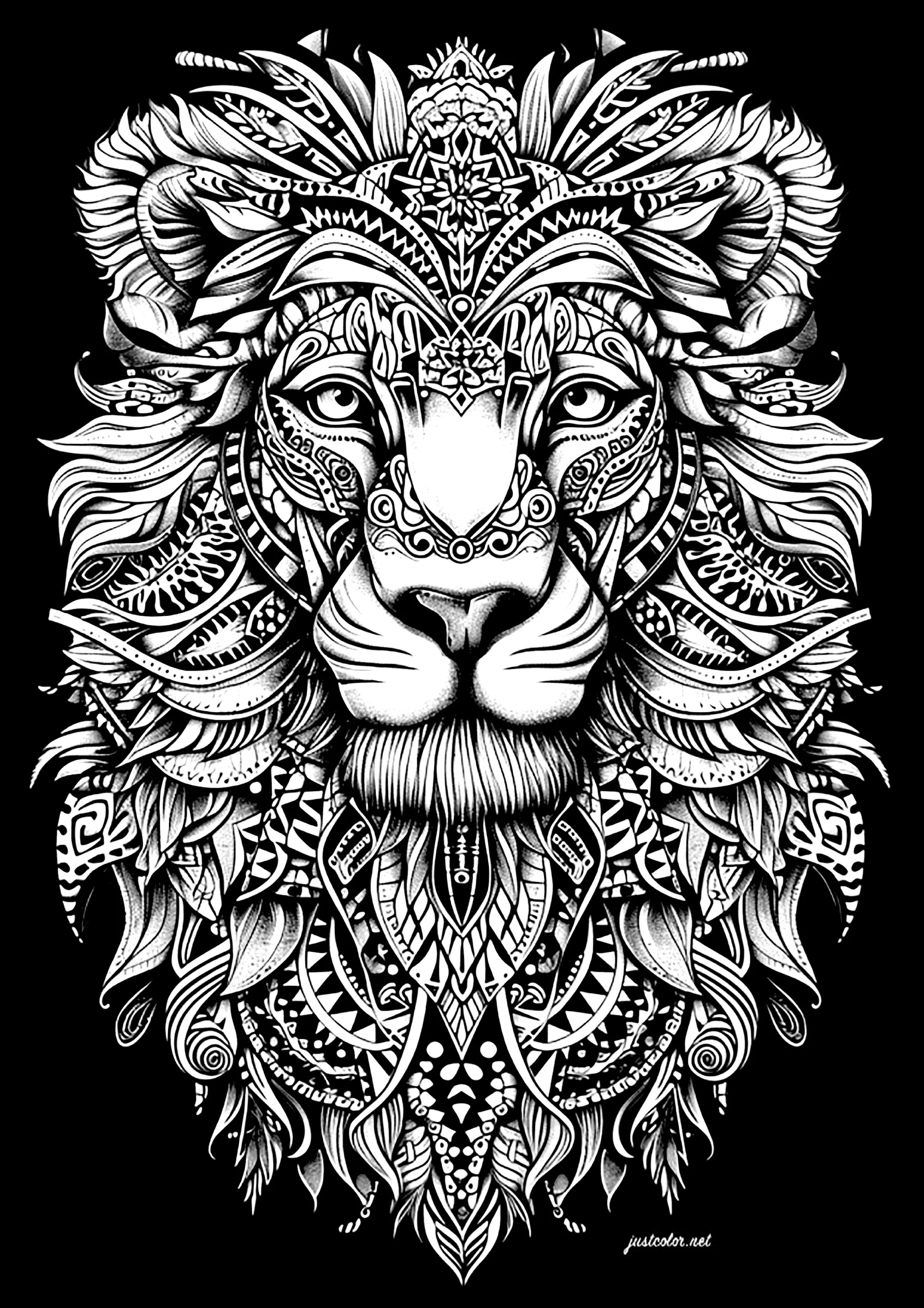 Majestuosa cabeza de león sobre fondo negro (Página de Leones para imprimir para adultos)