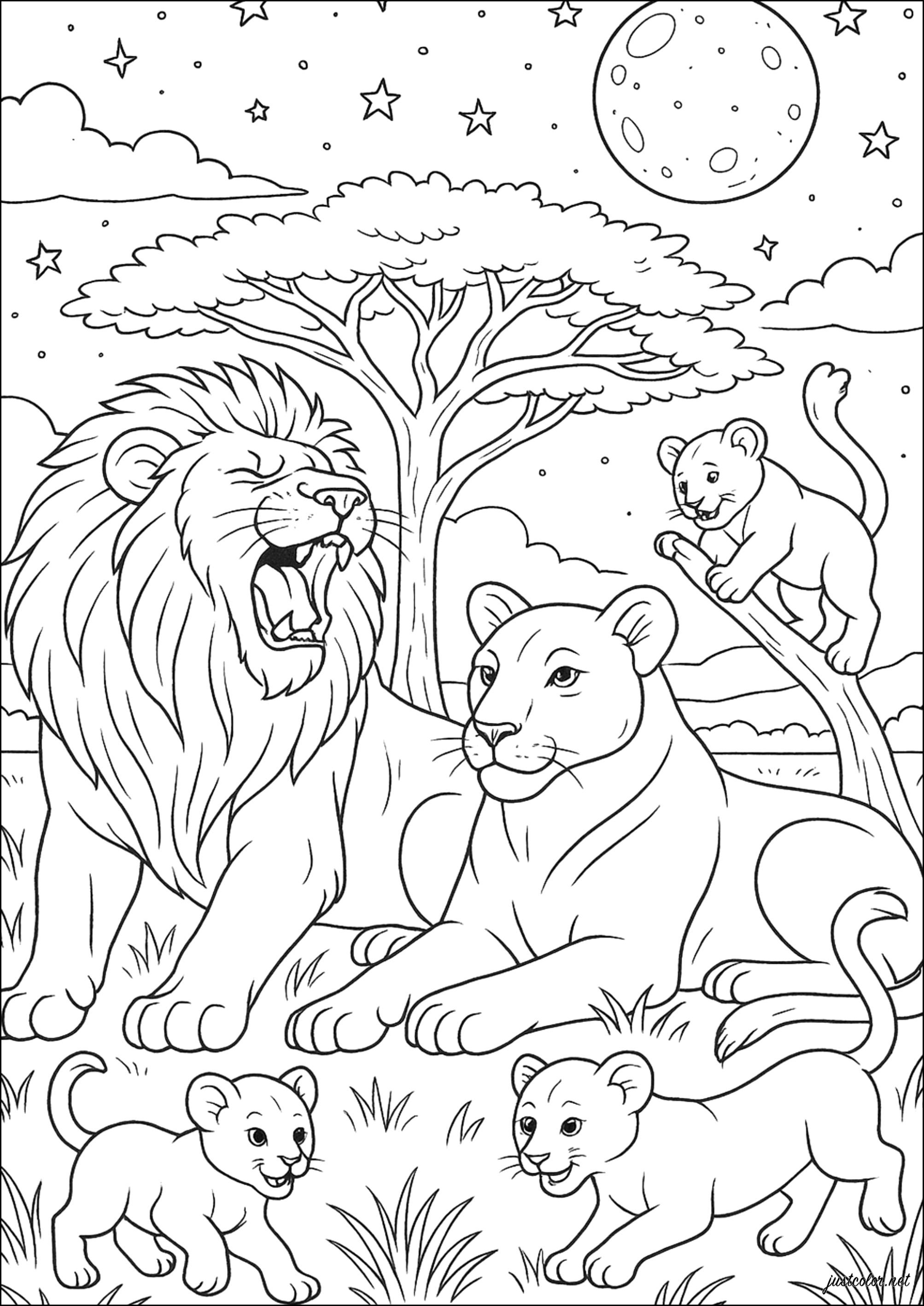 Familia real bajo las estrellas (Página de Leones para imprimir para adultos)