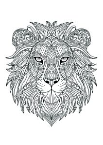 Página de Leones para imprimir para adultos : Cabeza de león con muchos motivos intrincados