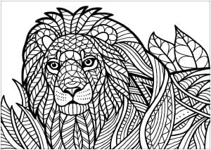 Página de Leones para imprimir para adultos : León, hojas y motivos regulares