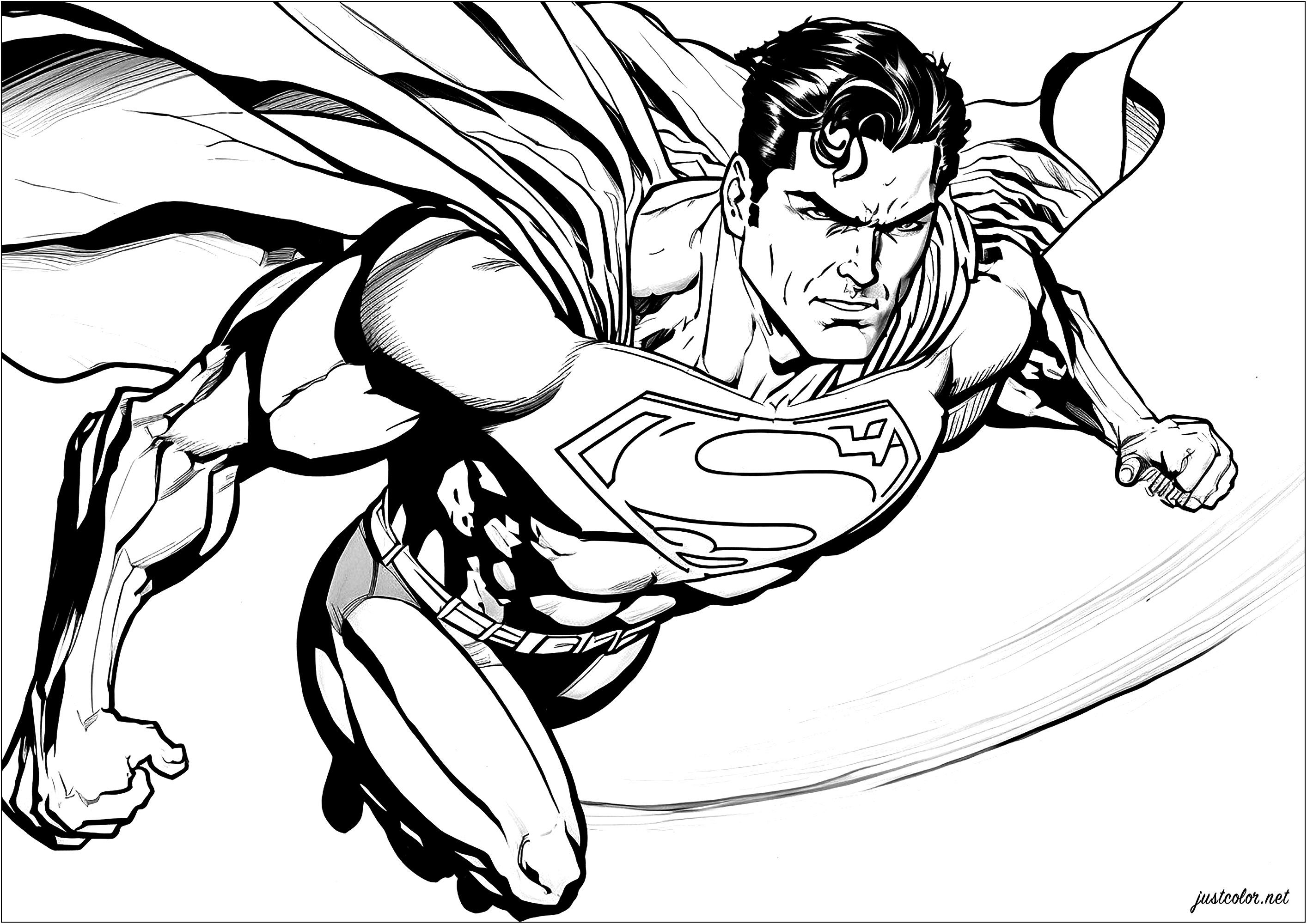 Superman en pleno vuelo, capa al viento. Esta página para colorear representa a Superman volando. Vemos al superhéroe, vestido con su traje (que pronto será rojo y azul gracias a ti), volando por el cielo, con una expresión de determinación en la cara.