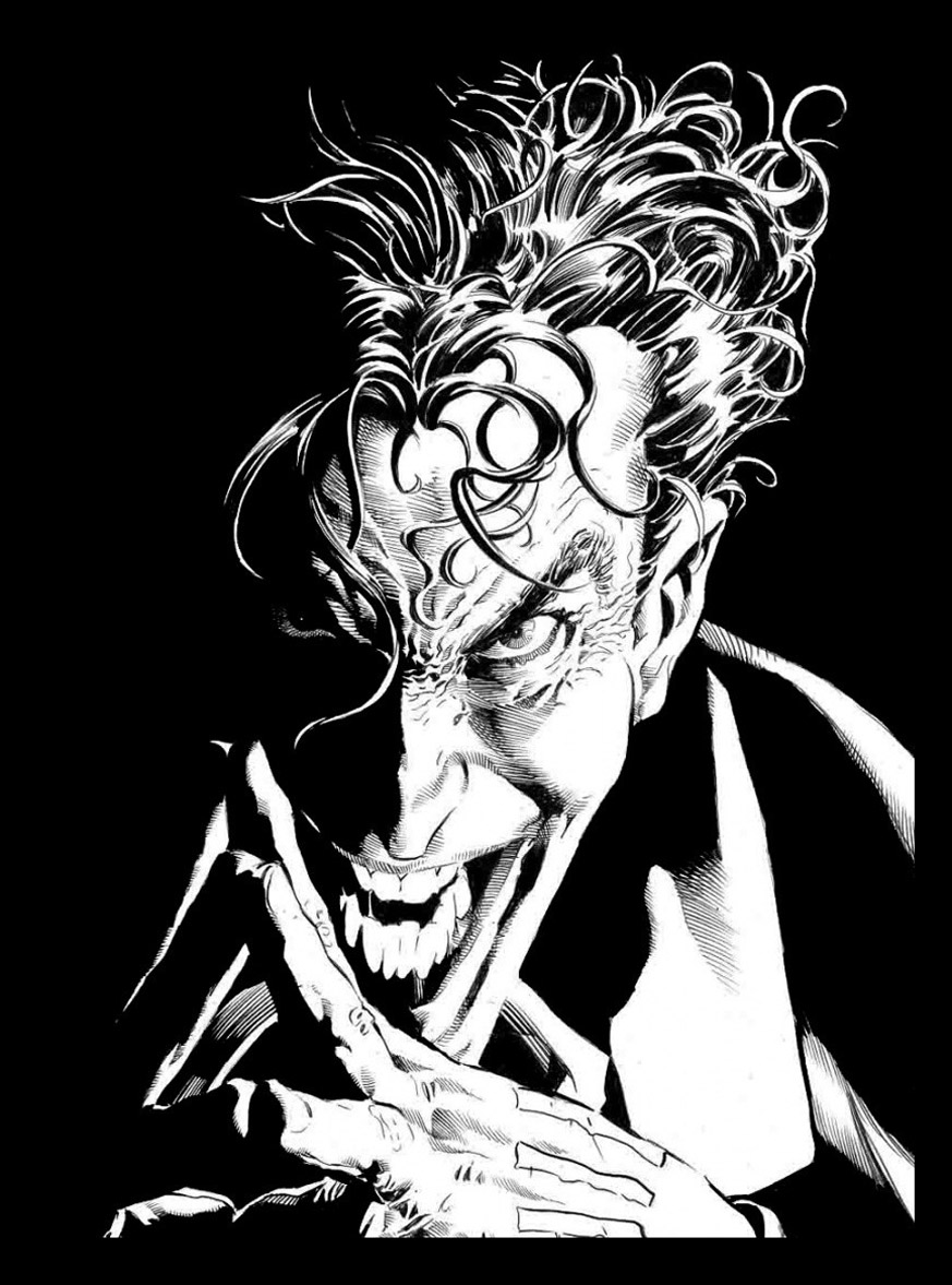 Dibujo que representa al enemigo de Batman, el canalla y desalmado Joker con su mirada despiadada