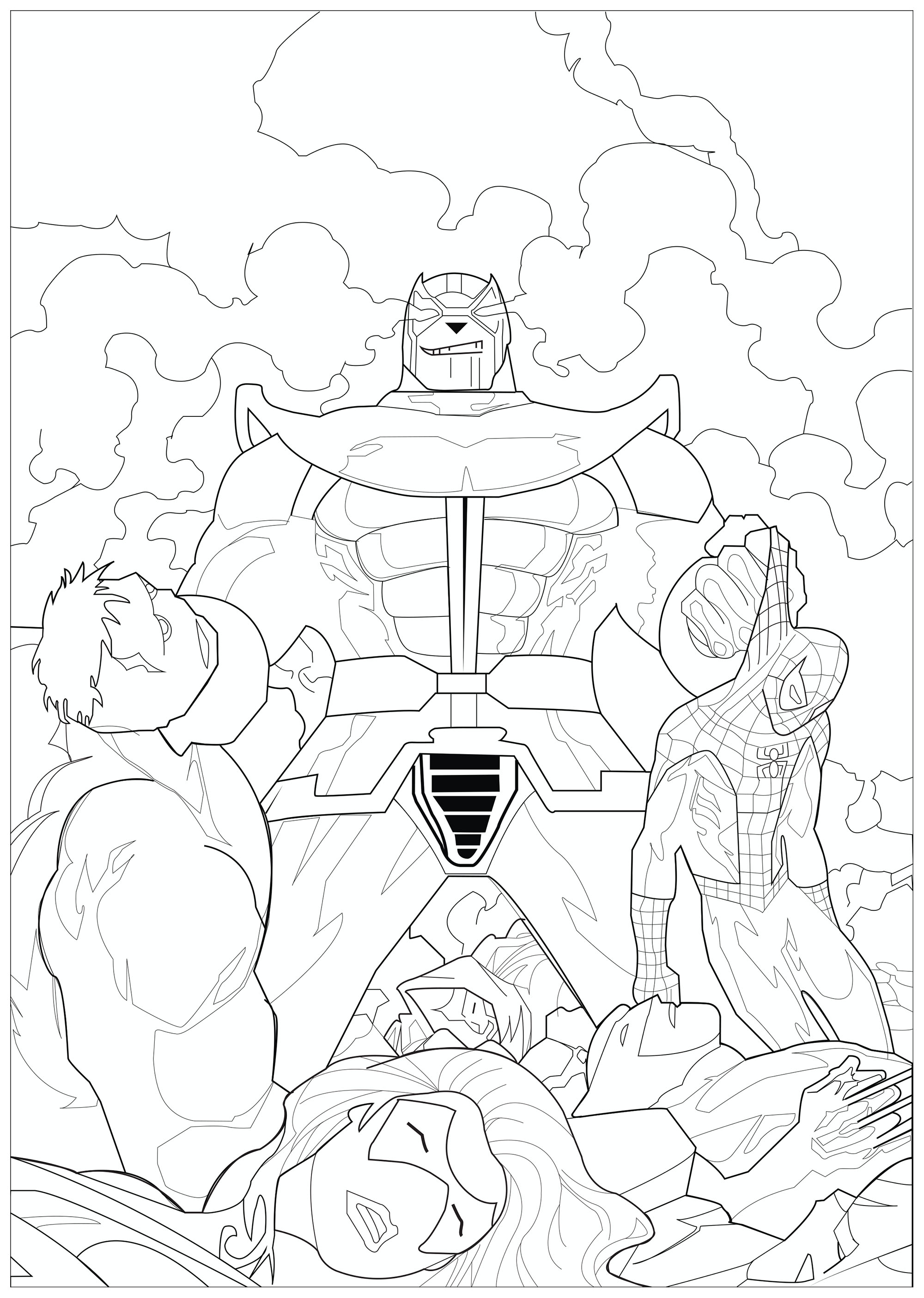 Thanos con los cuerpos de los Vengadores que mató : Hulk, Spiderman, Iron man, Viuda negra.