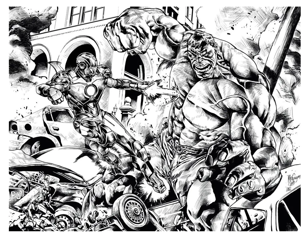 Iron Man vs Hulk (Página de Libros y cómics para imprimir para adultos)