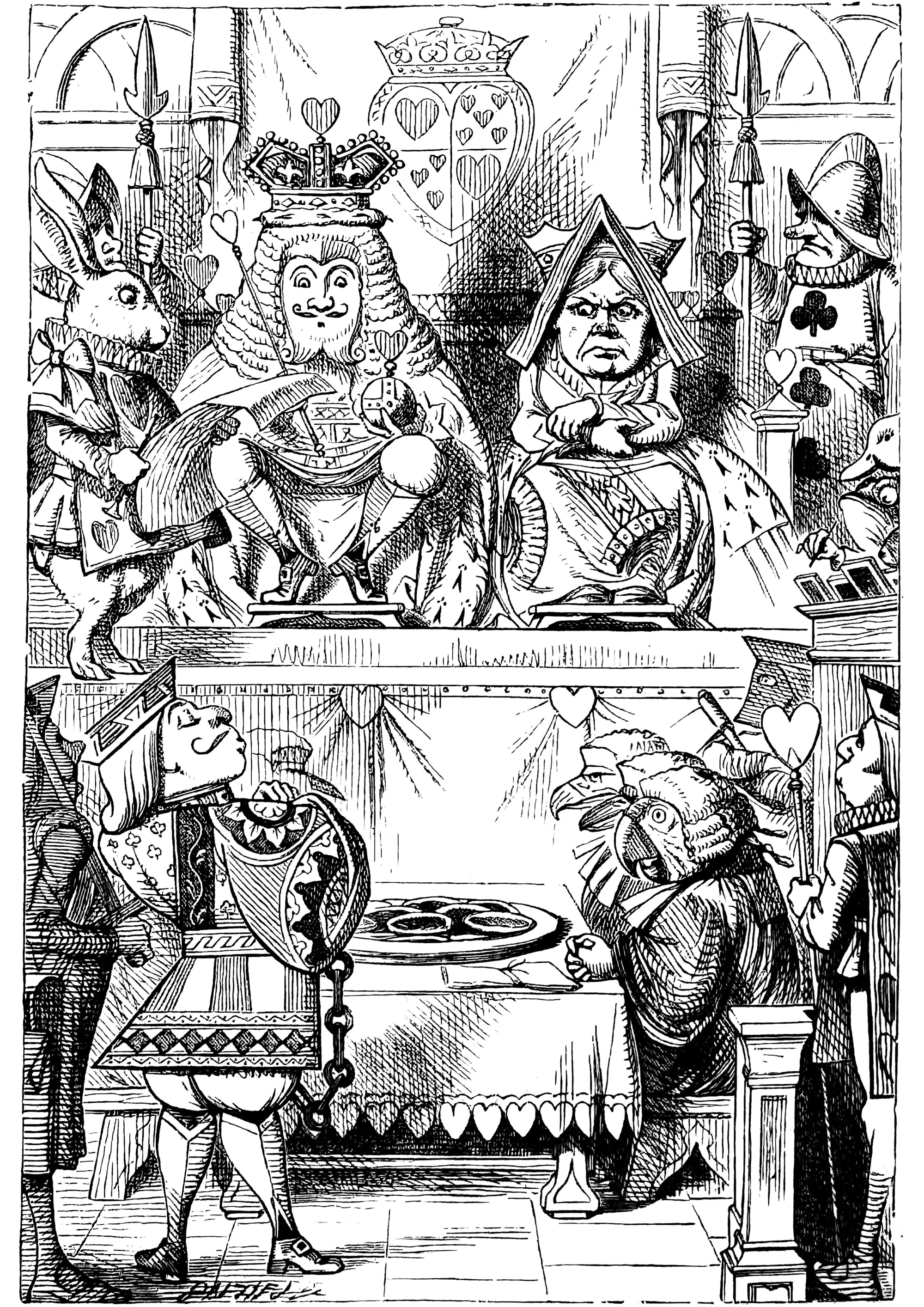 El Rey y la Reina inspeccionando las tartas (Alicia en el País de las Maravillas) (Página de Libros y cómics para imprimir para adultos)