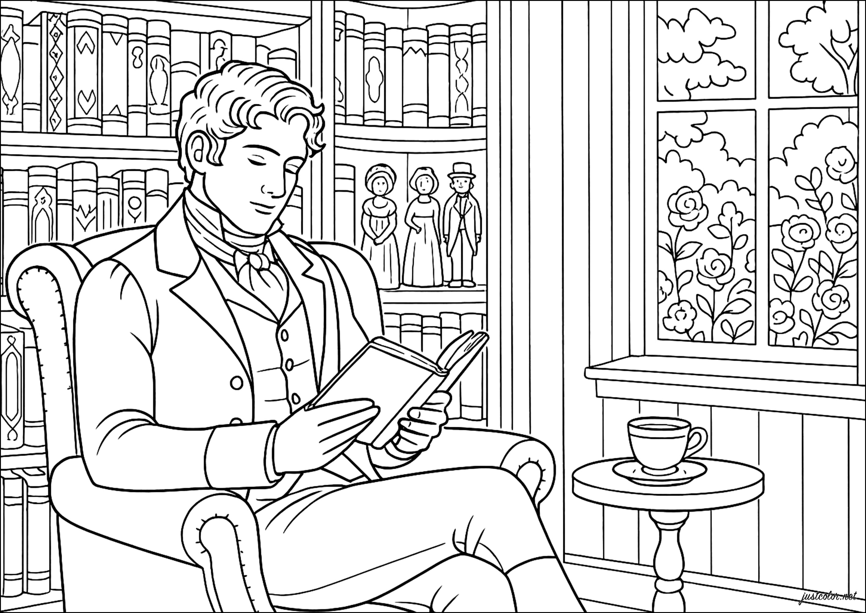 Leyendo en la biblioteca de Austen (Página de Libros y cómics para imprimir para adultos)