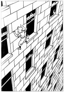Tintín aferrado a un edificio