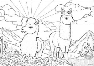 Página de Lamas para imprimir para adultos : Llamas en un campo florido