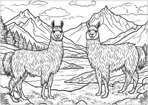Página de Lamas para imprimir para adultos : Dos grandes llamas en un paisaje montañoso