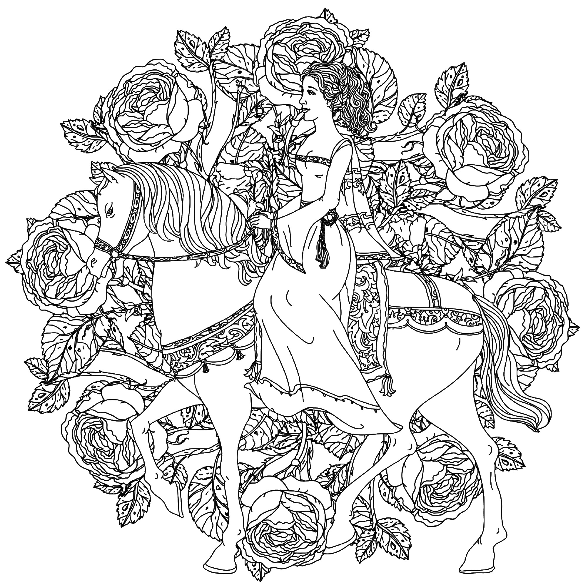 Una bella y elegante princesa, montada en su caballo blanco, en el centro de un mandala compuesto de rosas