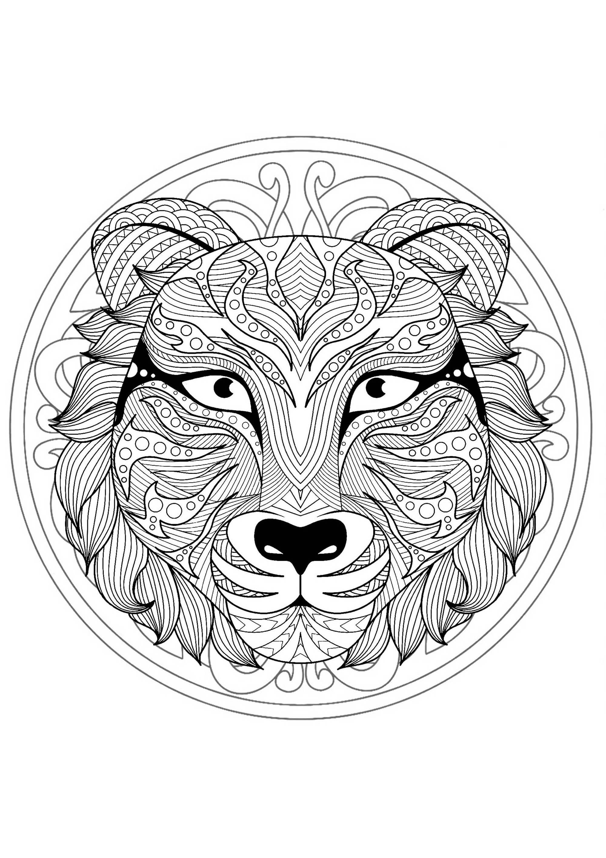 Mandala para colorear con una preciosa cabeza de tigre y preciosos dibujos entrelazados de fondo