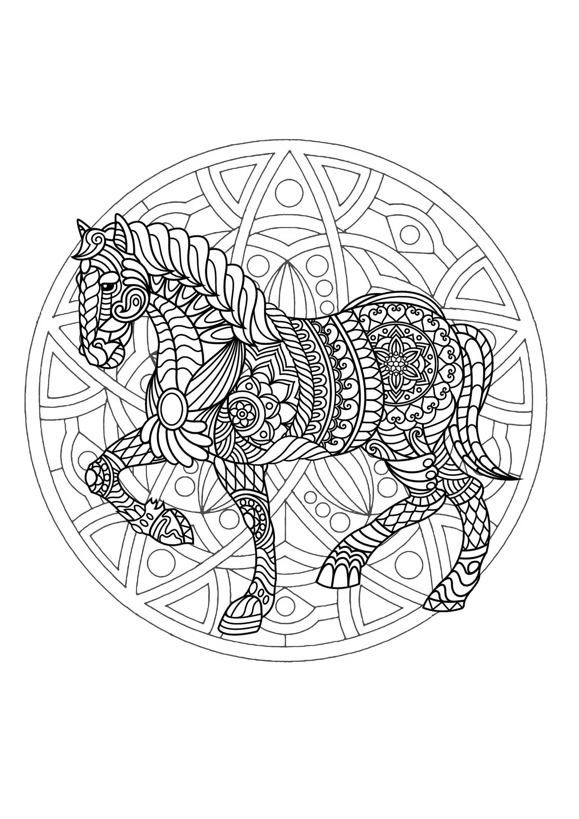 Mandala para colorear con magnífico Caballo y sencillos motivos geométricos de fondo