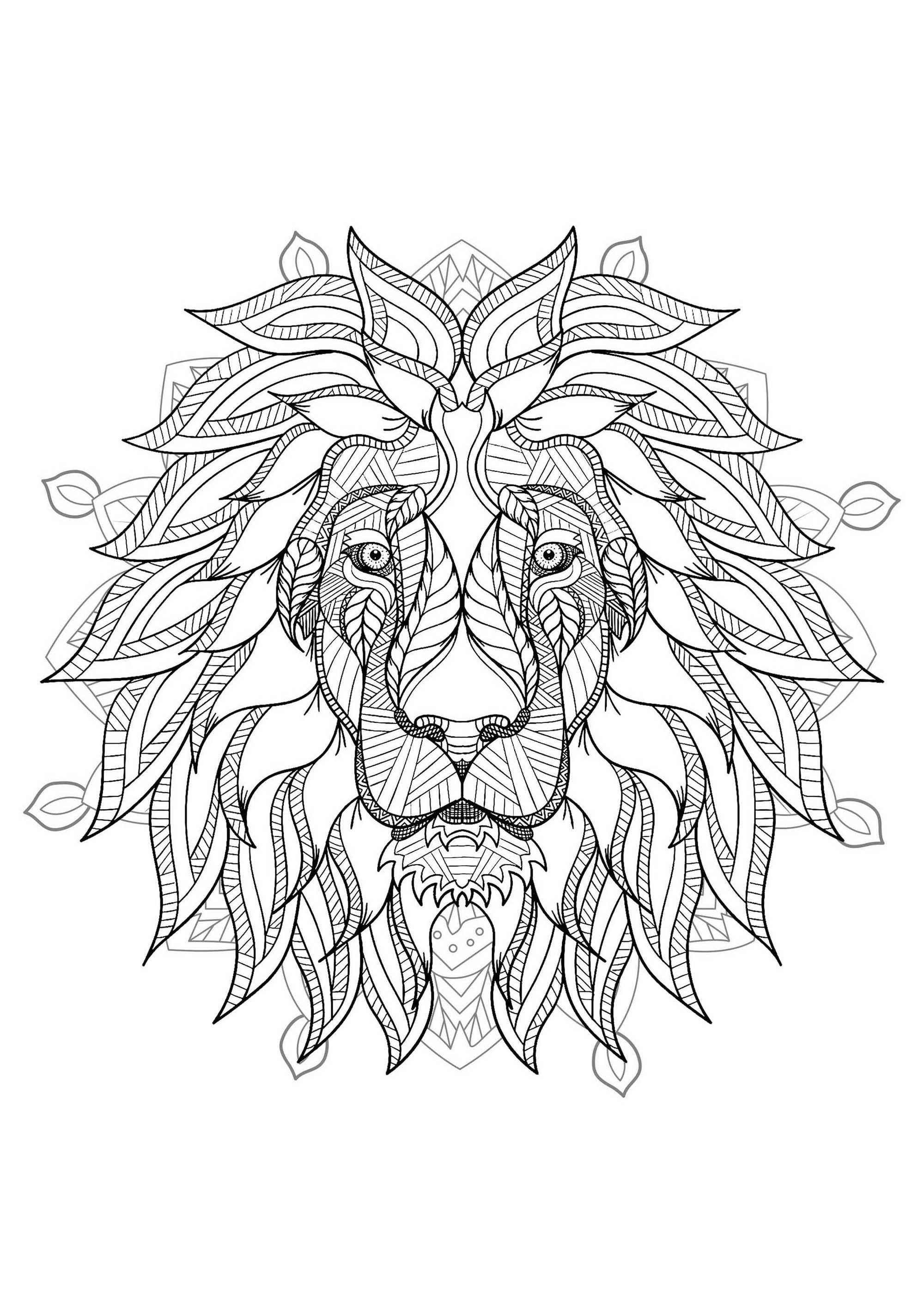 Cabeza de león en un mandala (Página para imprimir) Cabeza de león en un mandala (Página para imprimir para adultos)