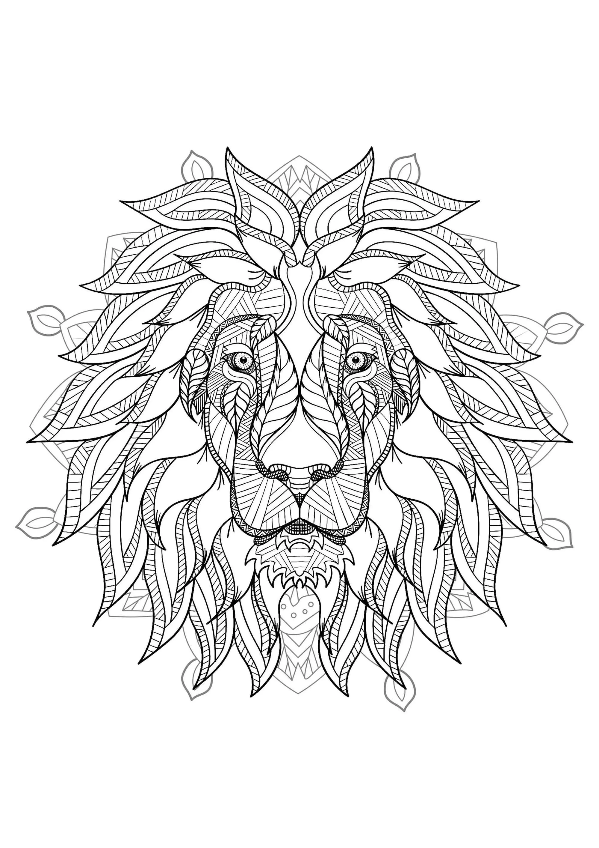 Cabeza de león en un mandala (Página para imprimir para adultos)