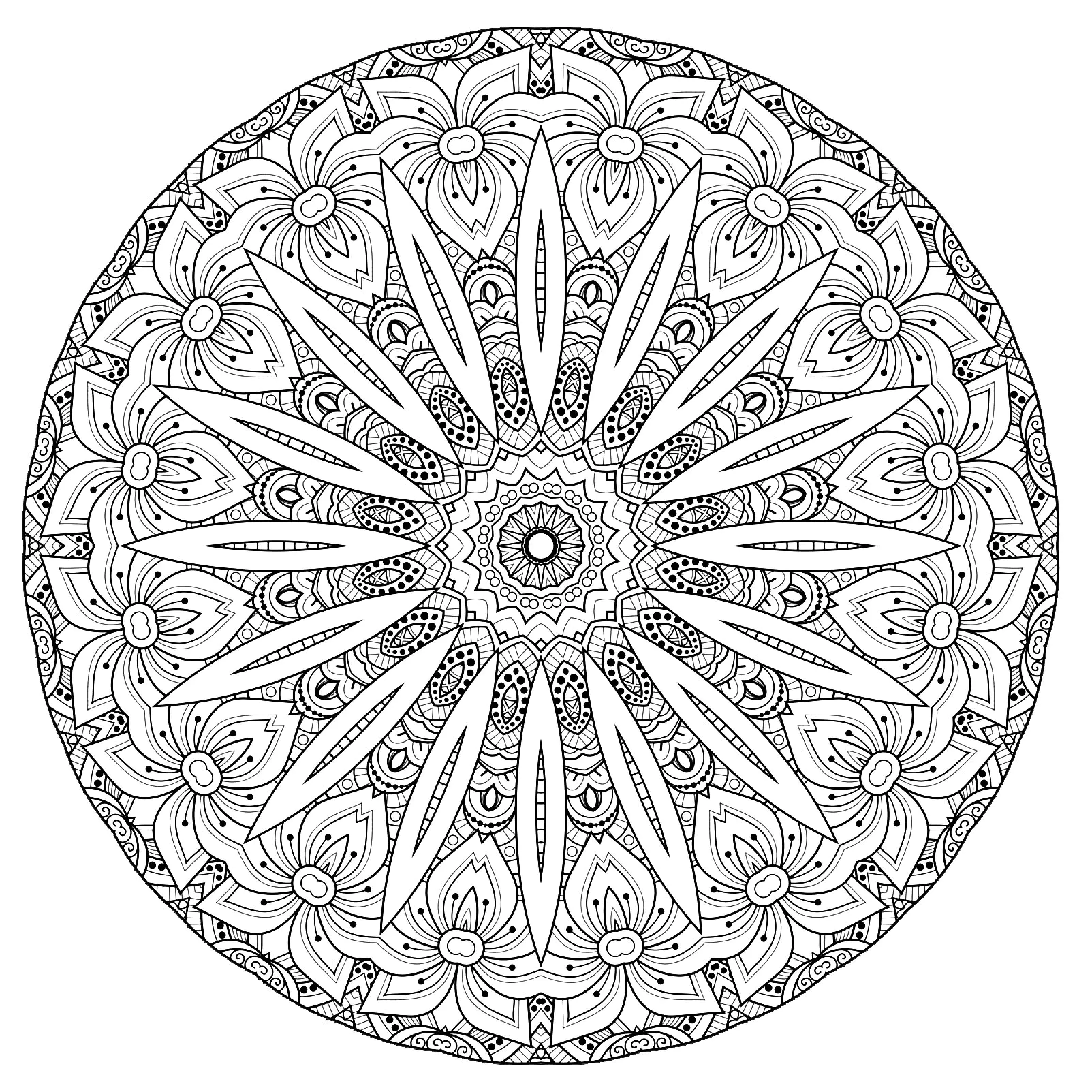 Mandala complejo con flores (Página para imprimir para adultos)