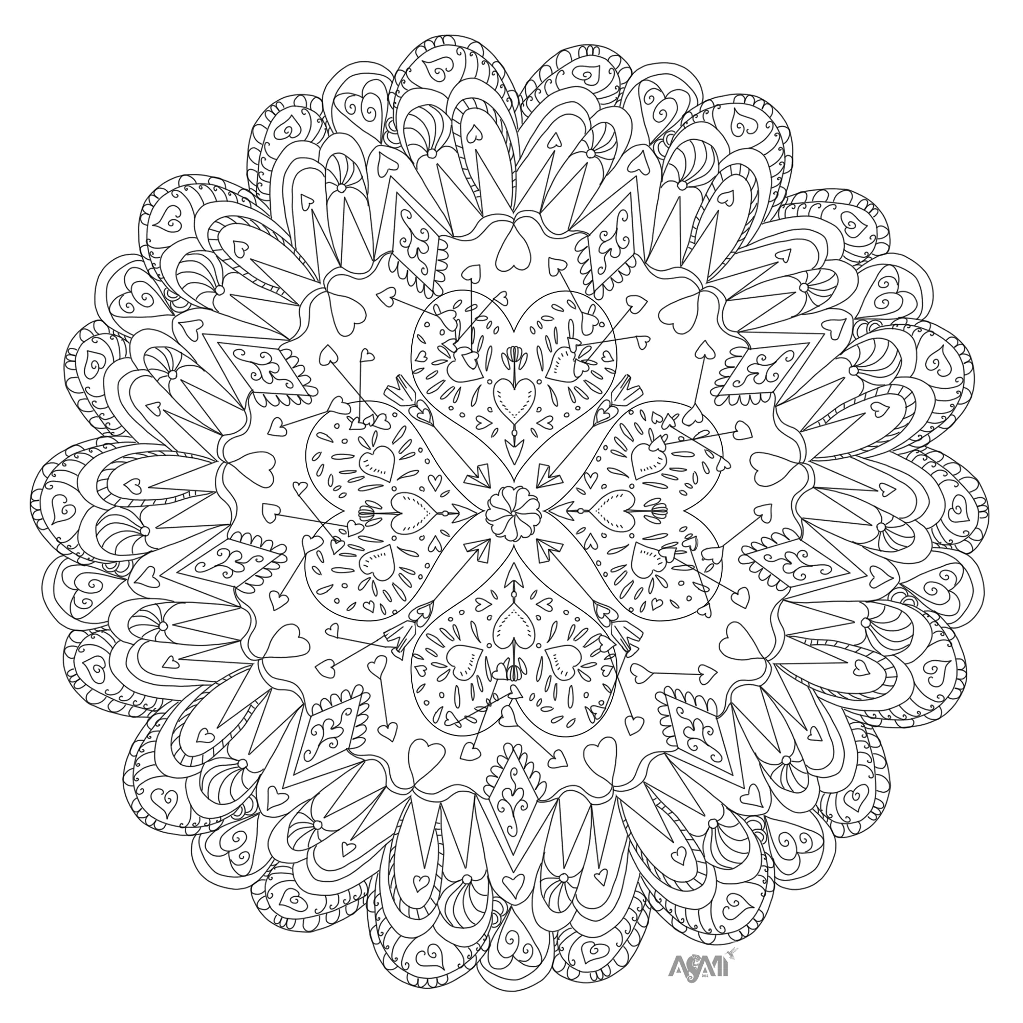 Mandala con corazones y diseños intrincados (Página para imprimir para adultos)