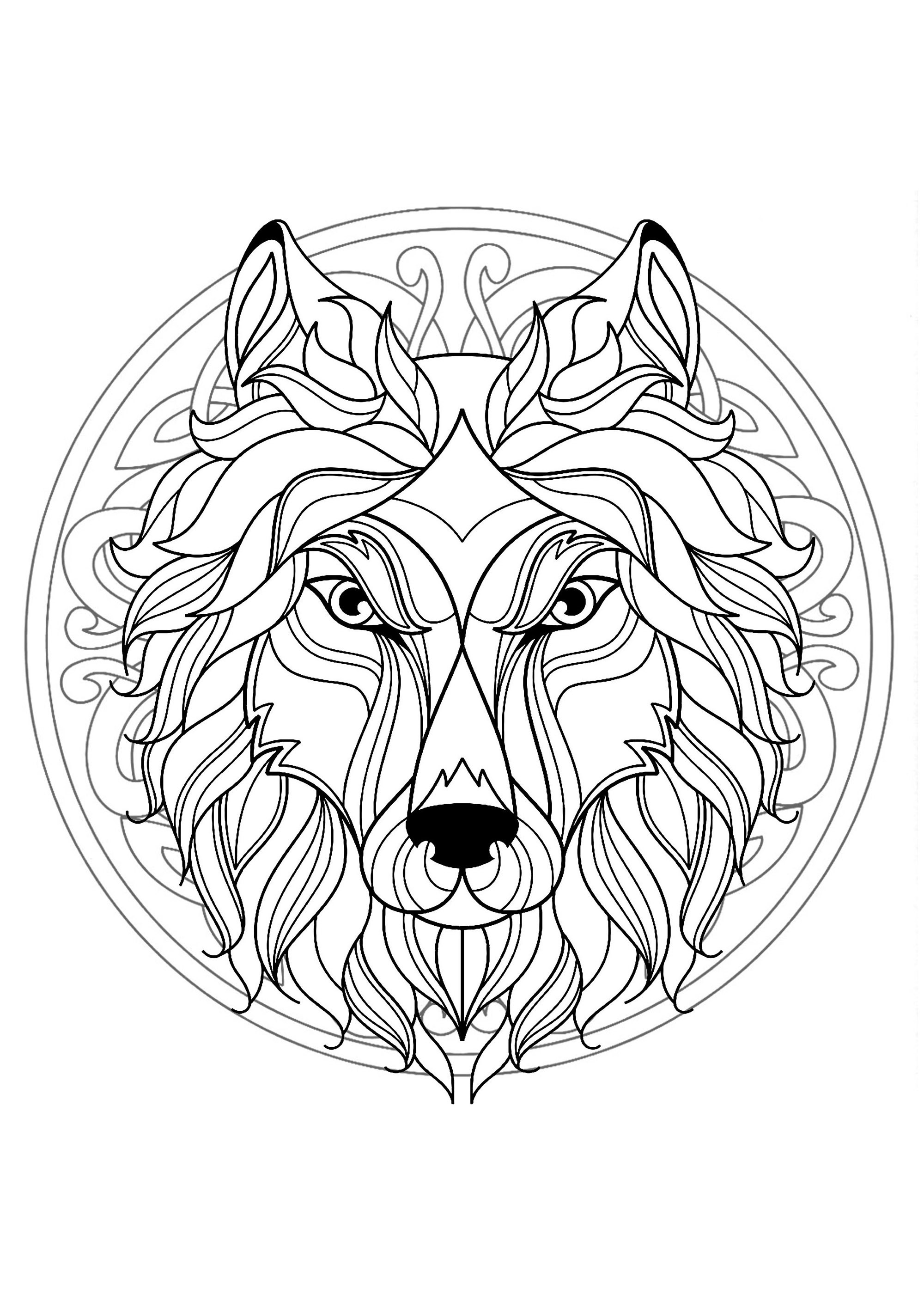 Mandala para colorear con cabeza de lobo y motivos complejos de fondo