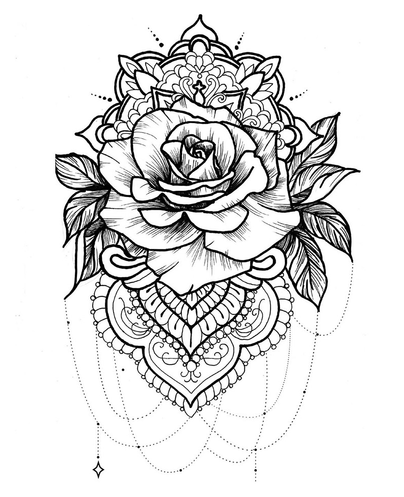 Un mandala con una magnífica rosa, hojas, joyas y elegantes motivos