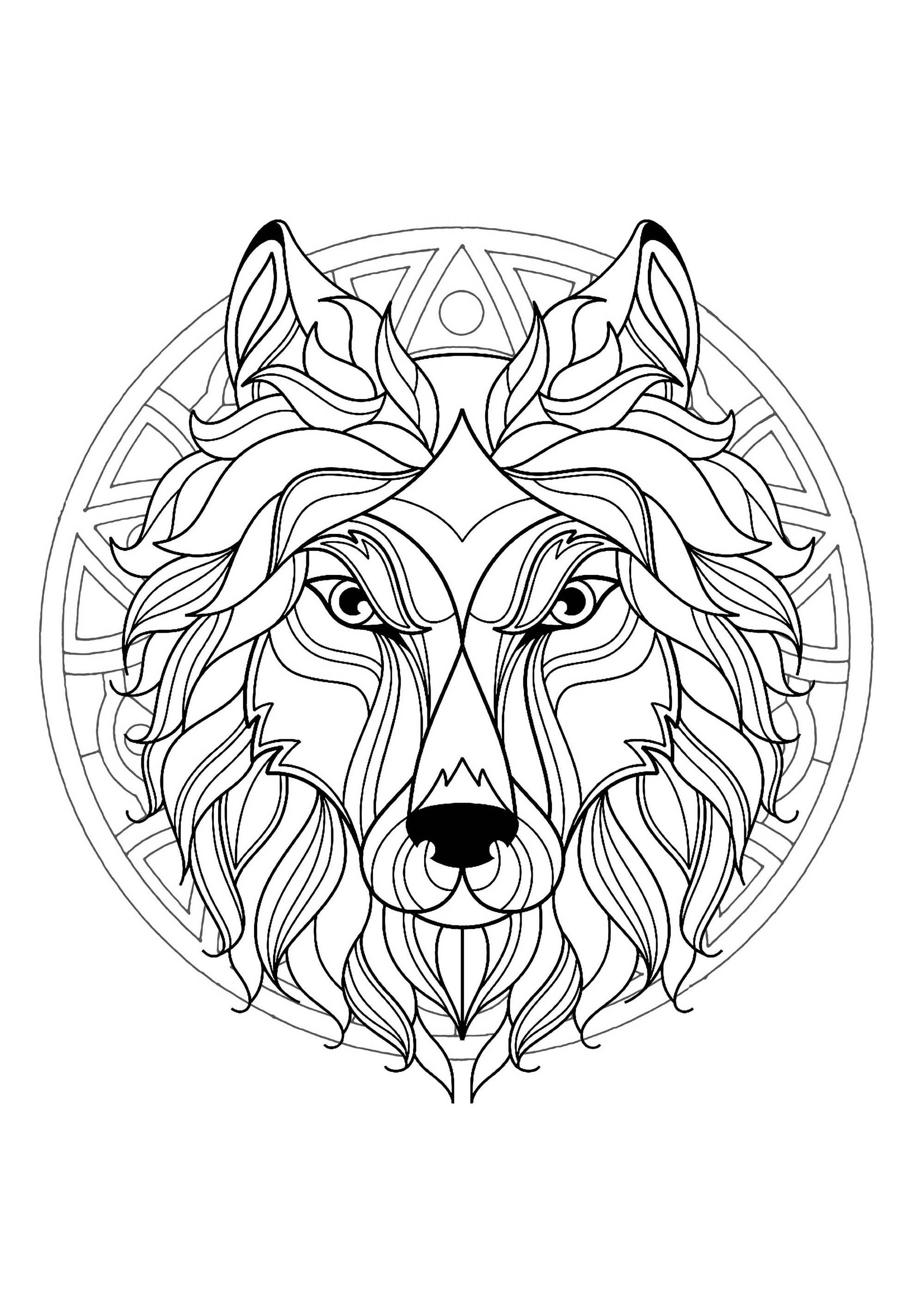 Mandala para colorear con una hermosa cabeza de lobo y motivos geométricos de fondo