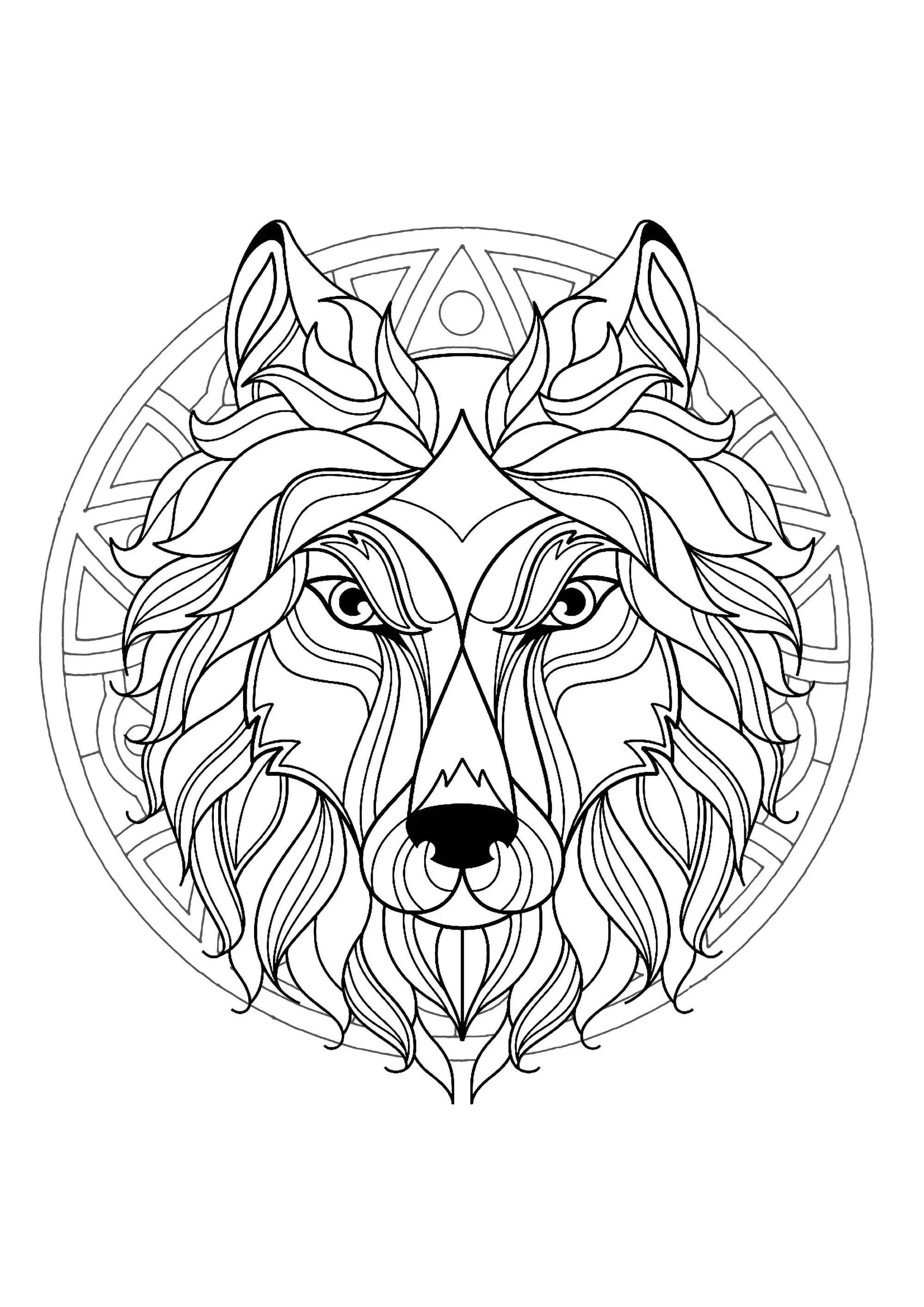 Mandala con una hermosa cabeza de lobo y magníficos motivos geométricos (Página para imprimir para adultos)