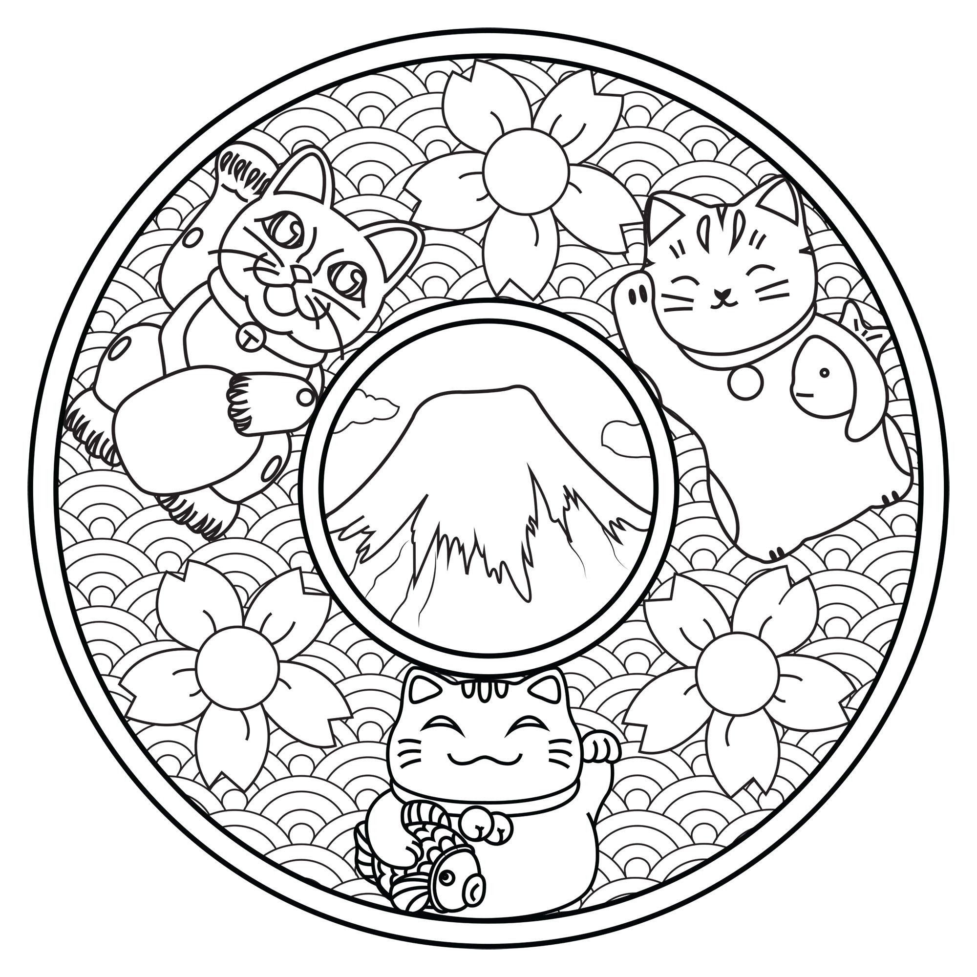 Colorea estos tres simpáticos gatos en este mandala inspirado en Japón: Monte Fuji, flores de cerezo, olas...