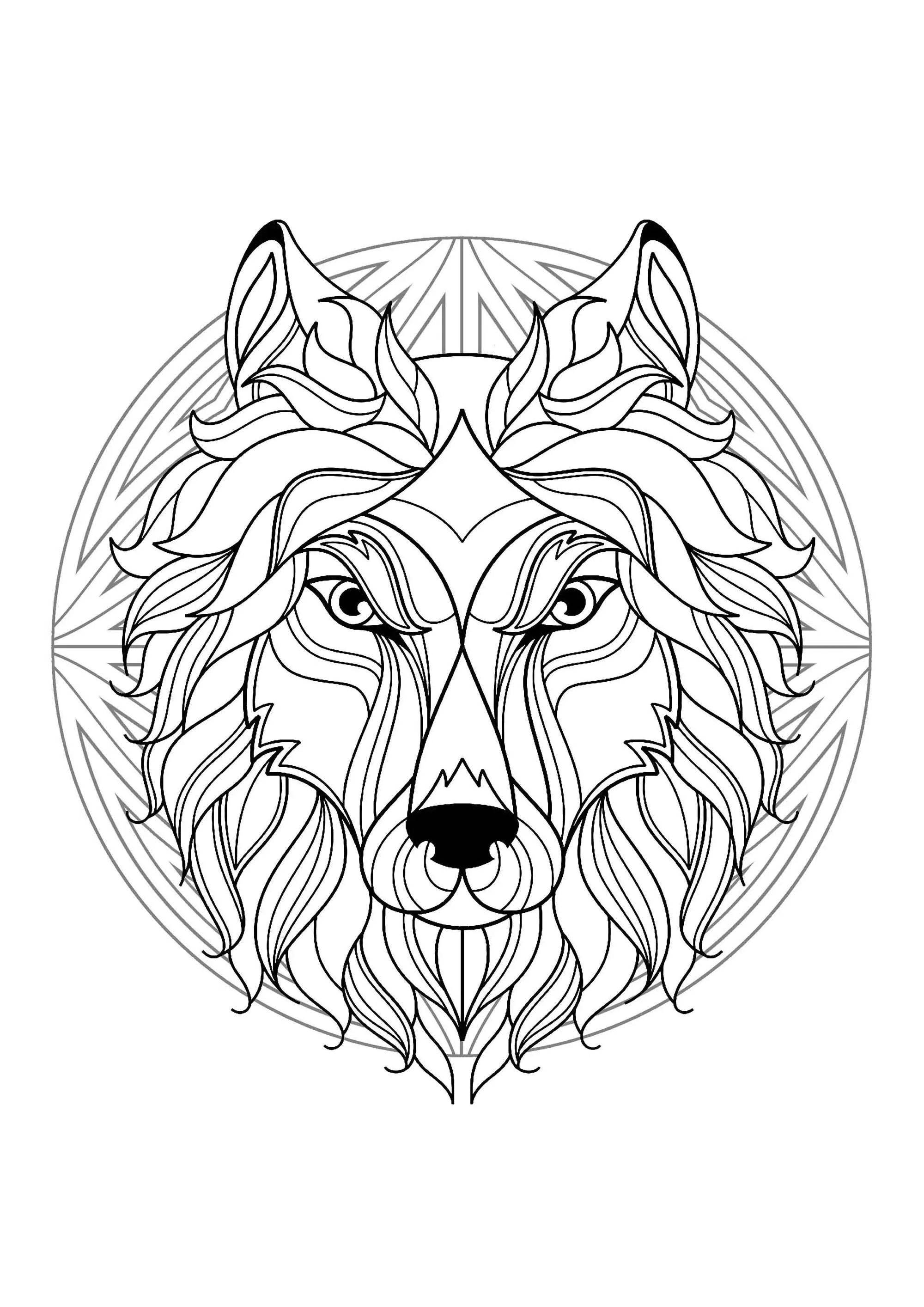 Mandala con elegante cabeza de lobo y bellos motivos (Página para imprimir para adultos)