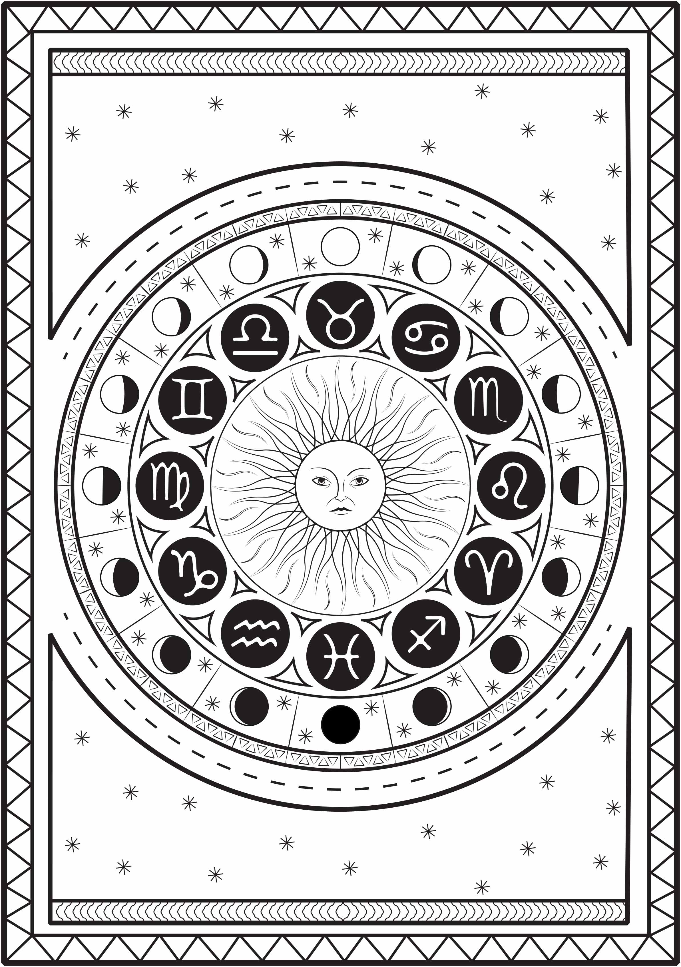 Mandala compuesto por signos astrológicos alrededor de un sol, con el ciclo lunar, sobre un fondo estrellado, Artista : Louise