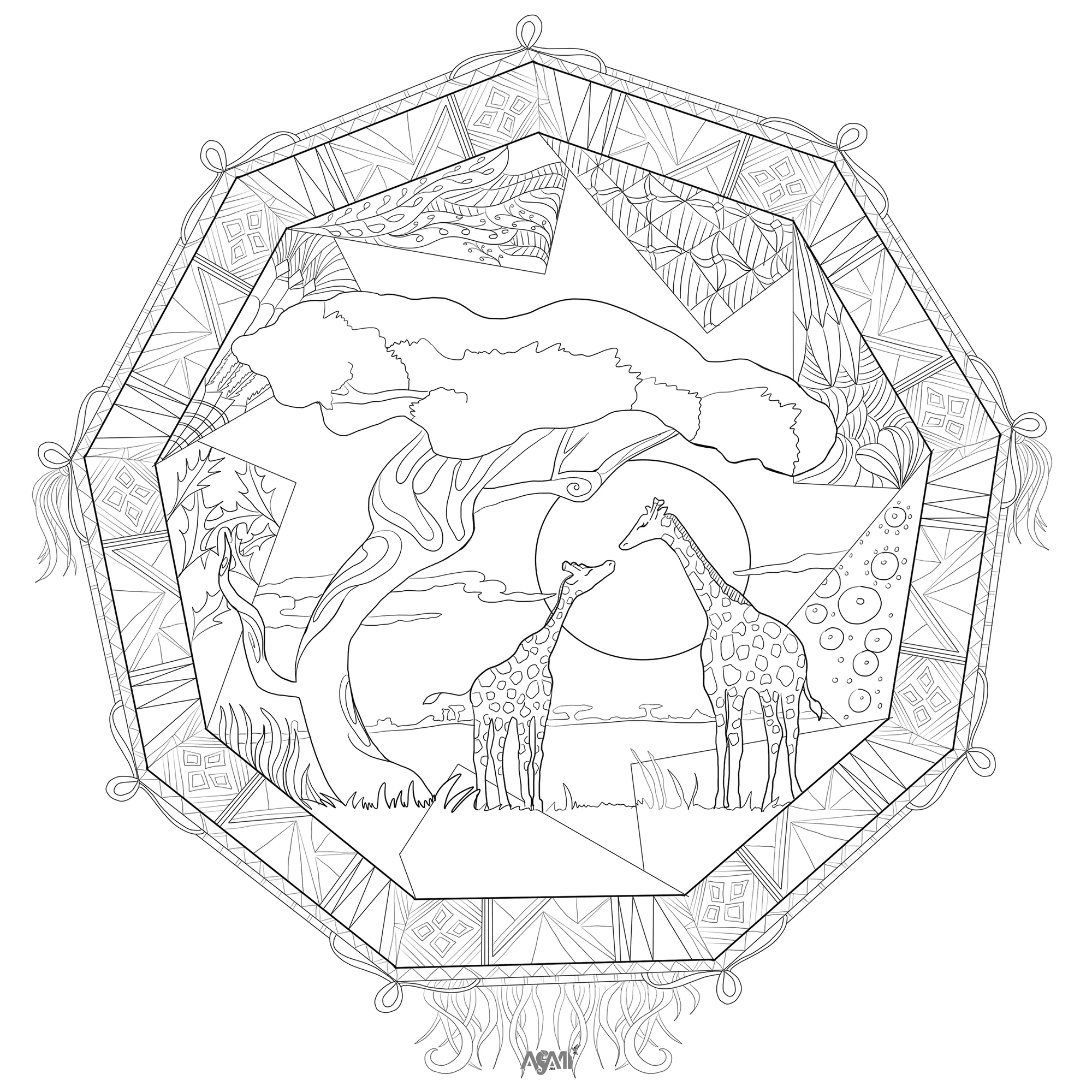 Mandala y jirafas (Página para imprimir para adultos)