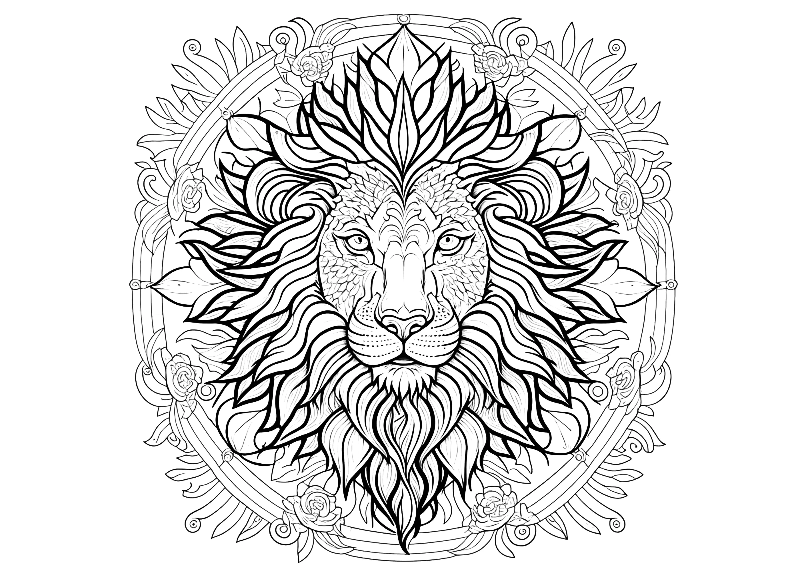 Cabeza de león en un mandala (Página para imprimir para adultos)
