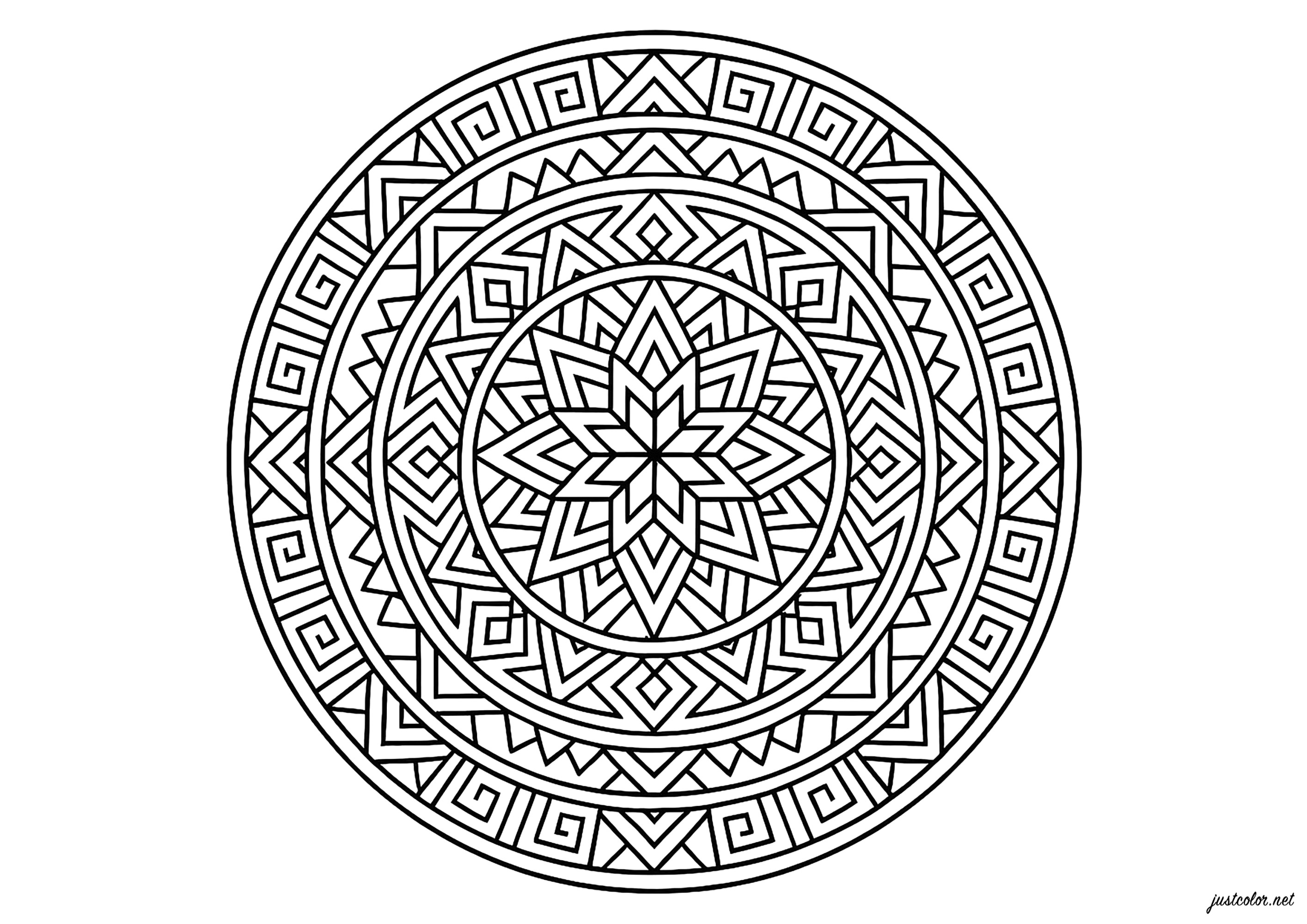 Mandala geométrico con patrones hipnóticos (Página para imprimir para adultos)