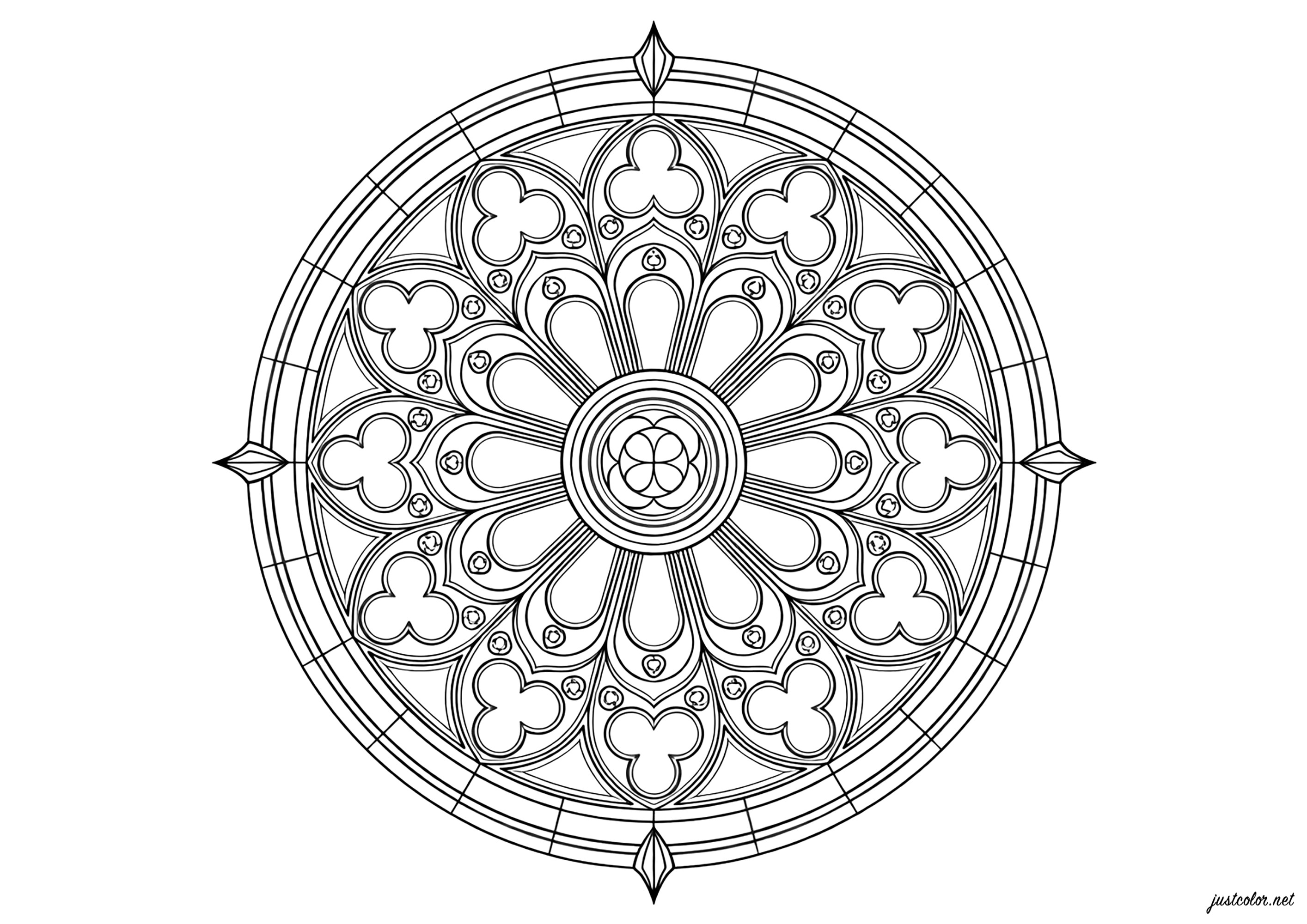 Mandala inspirado en rosetones góticos (Página para imprimir para adultos)