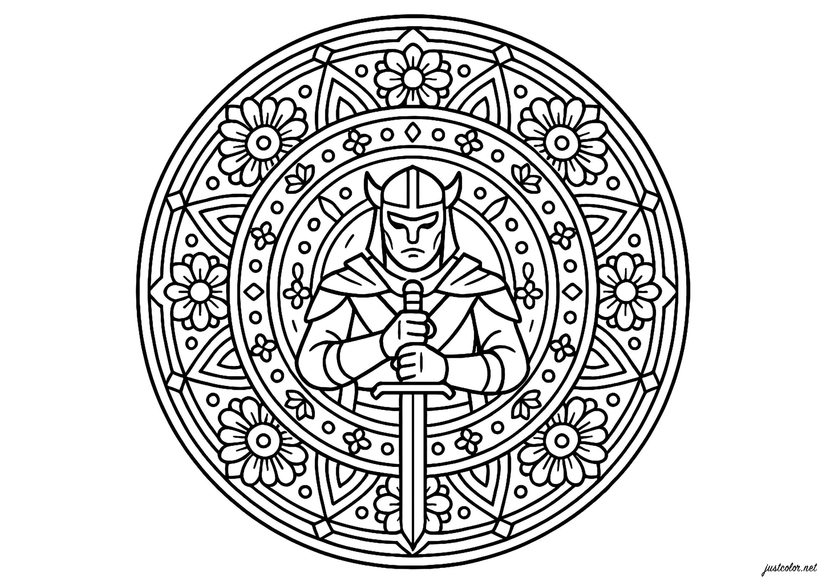 Noble guerrero y elementos florales (Página de Mandalas para imprimir para adultos)