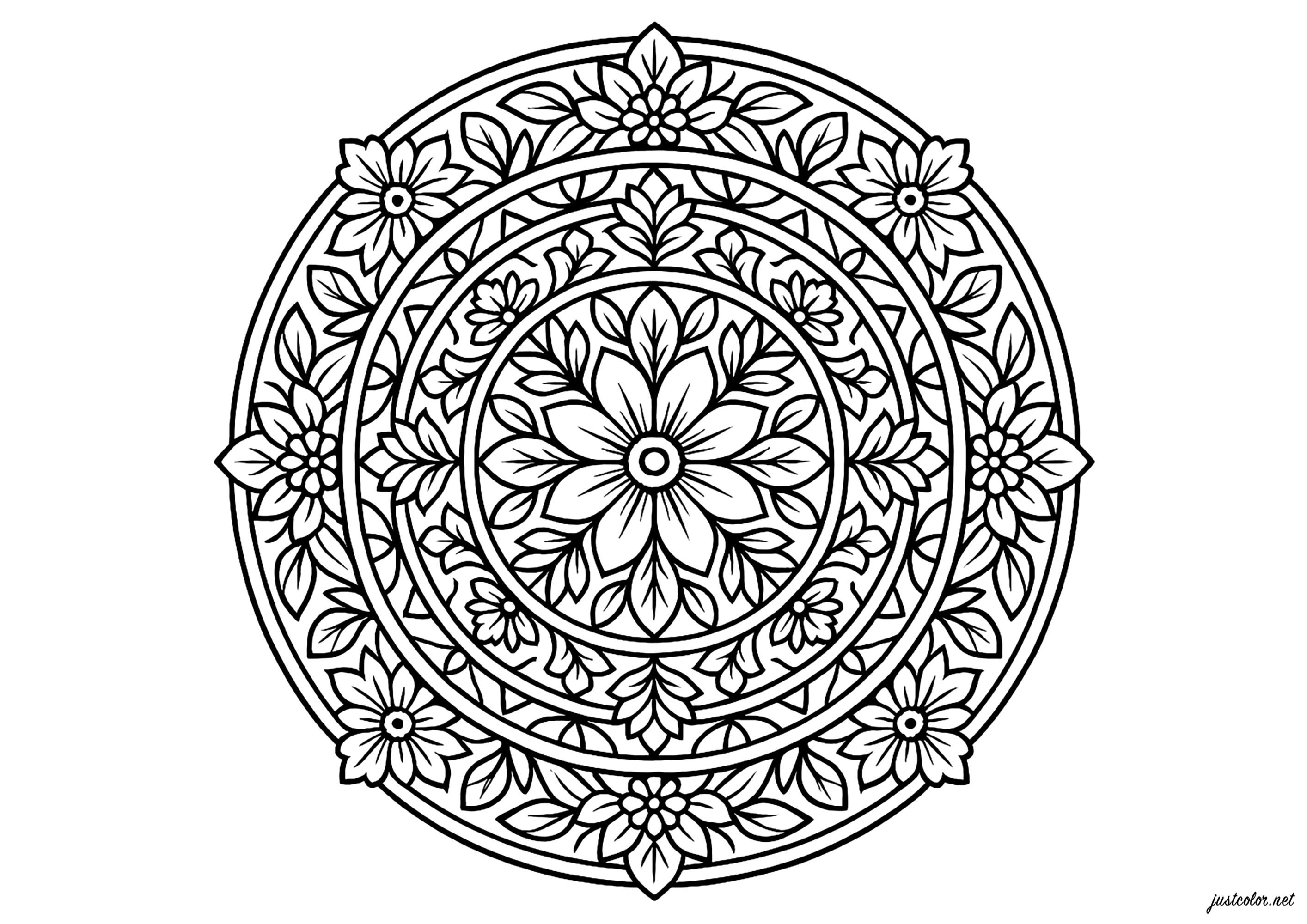 Sinfonía floral en motivos circulares (Página de Mandalas para imprimir para adultos)