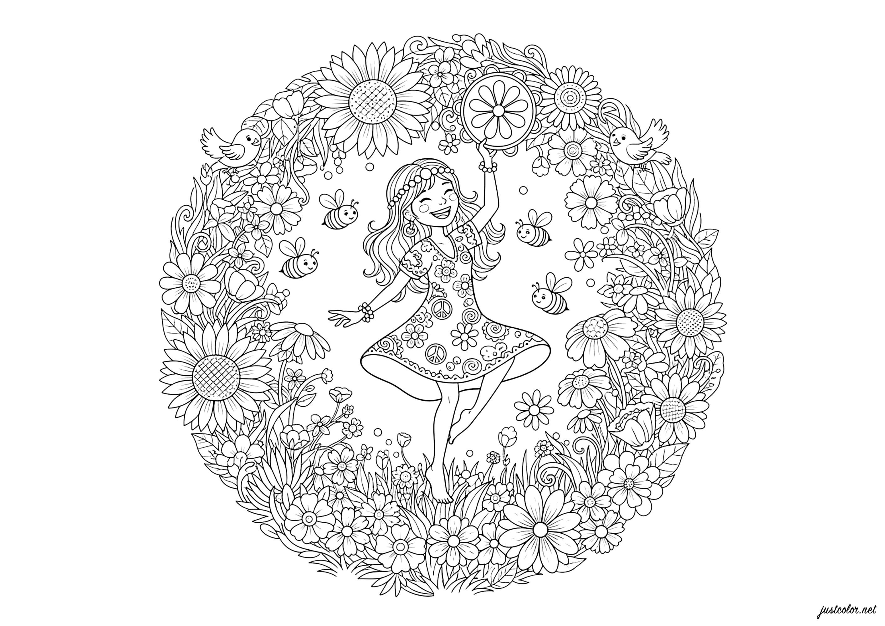 Un baile alegre en el corazón de las flores (Página de Mandalas para imprimir para adultos)