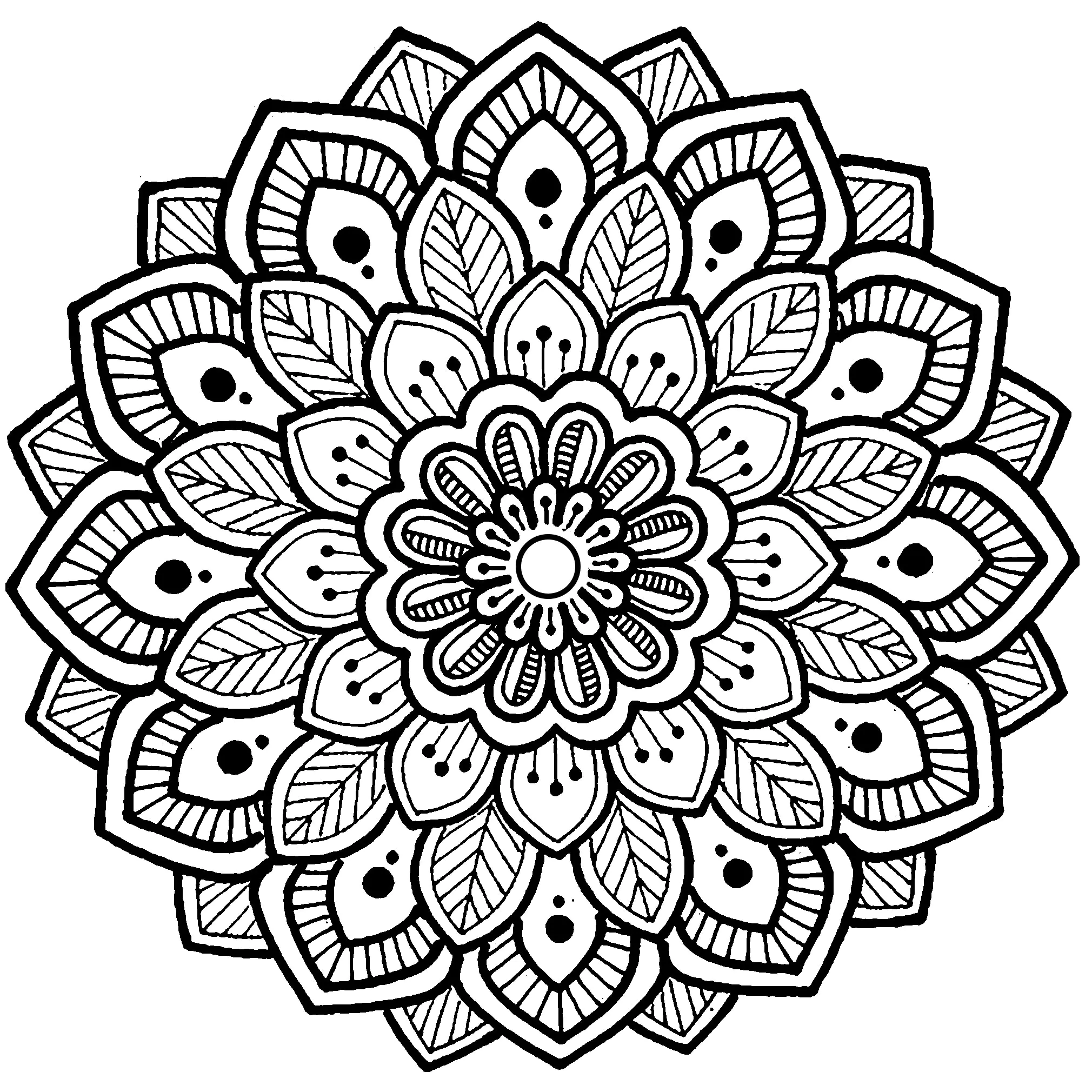 Mandala de líneas gruesas y hojas simétricas (Página para imprimir para adultos)