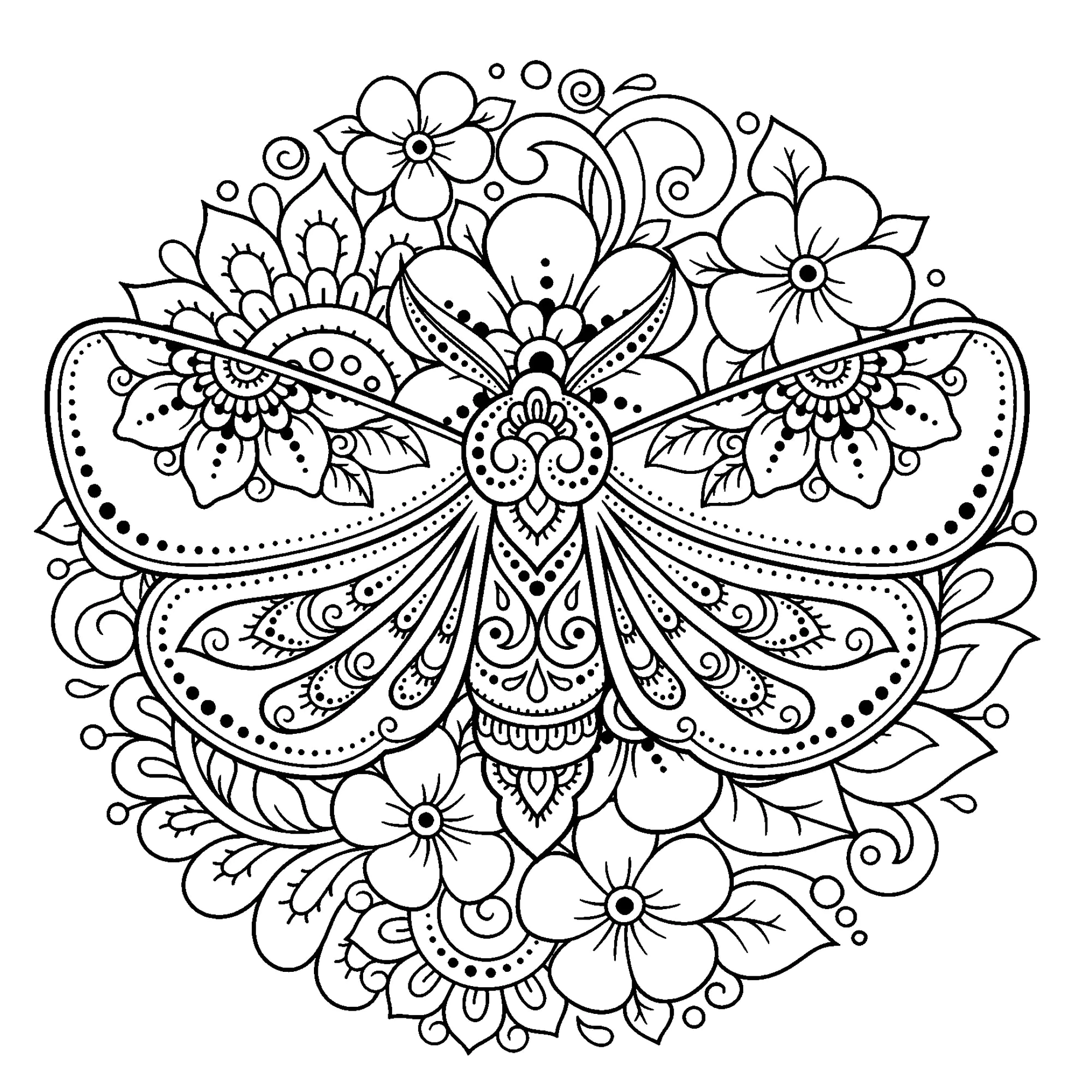 Mandala de flores con polilla (Página para imprimir para adultos)