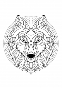 Mandala con elegante cabeza de lobo y bellos motivos