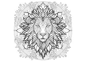 Página de para imprimir para adultos : Cabeza de león en un mandala