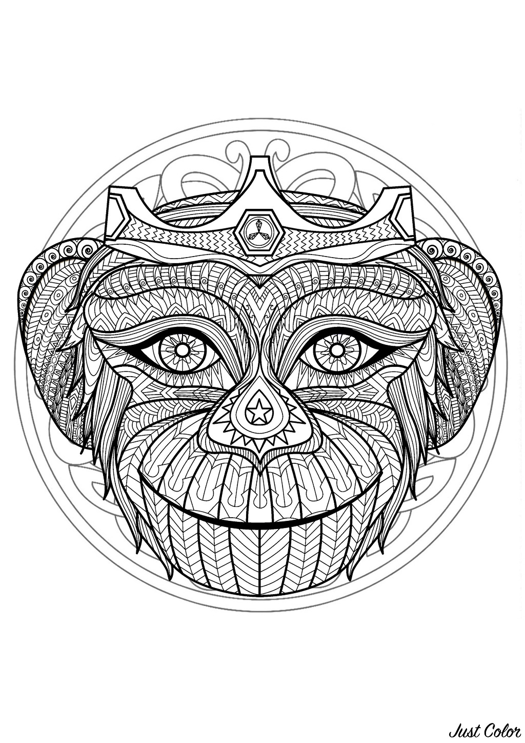 Mandala para colorear con una preciosa cabeza de mono y preciosos dibujos entrelazados de fondo