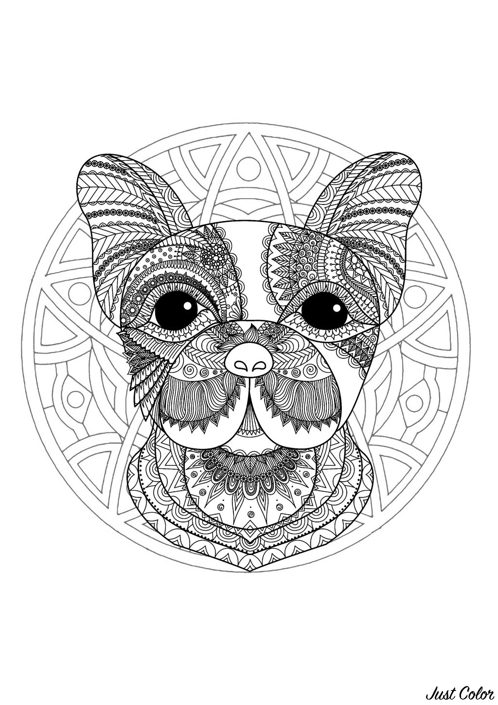 Página para colorear con Cabeza de perro y Mandala sencillo de fondo