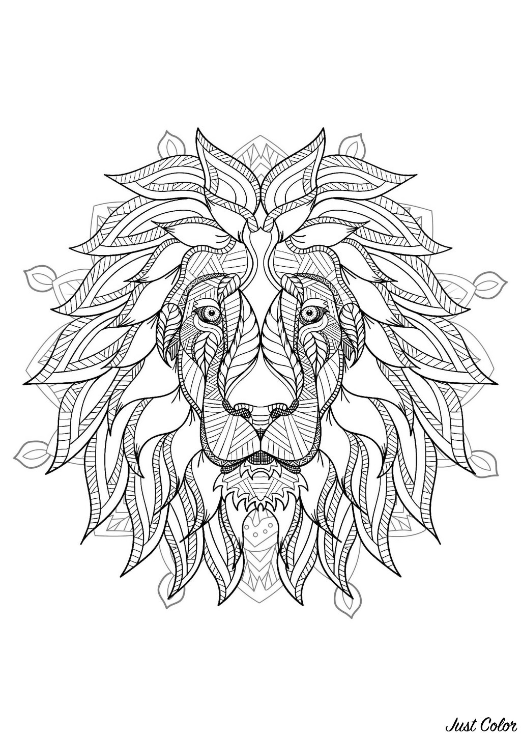 Mandala para colorear con cabeza de León muy elegante y bellos motivos vegetales de fondo
