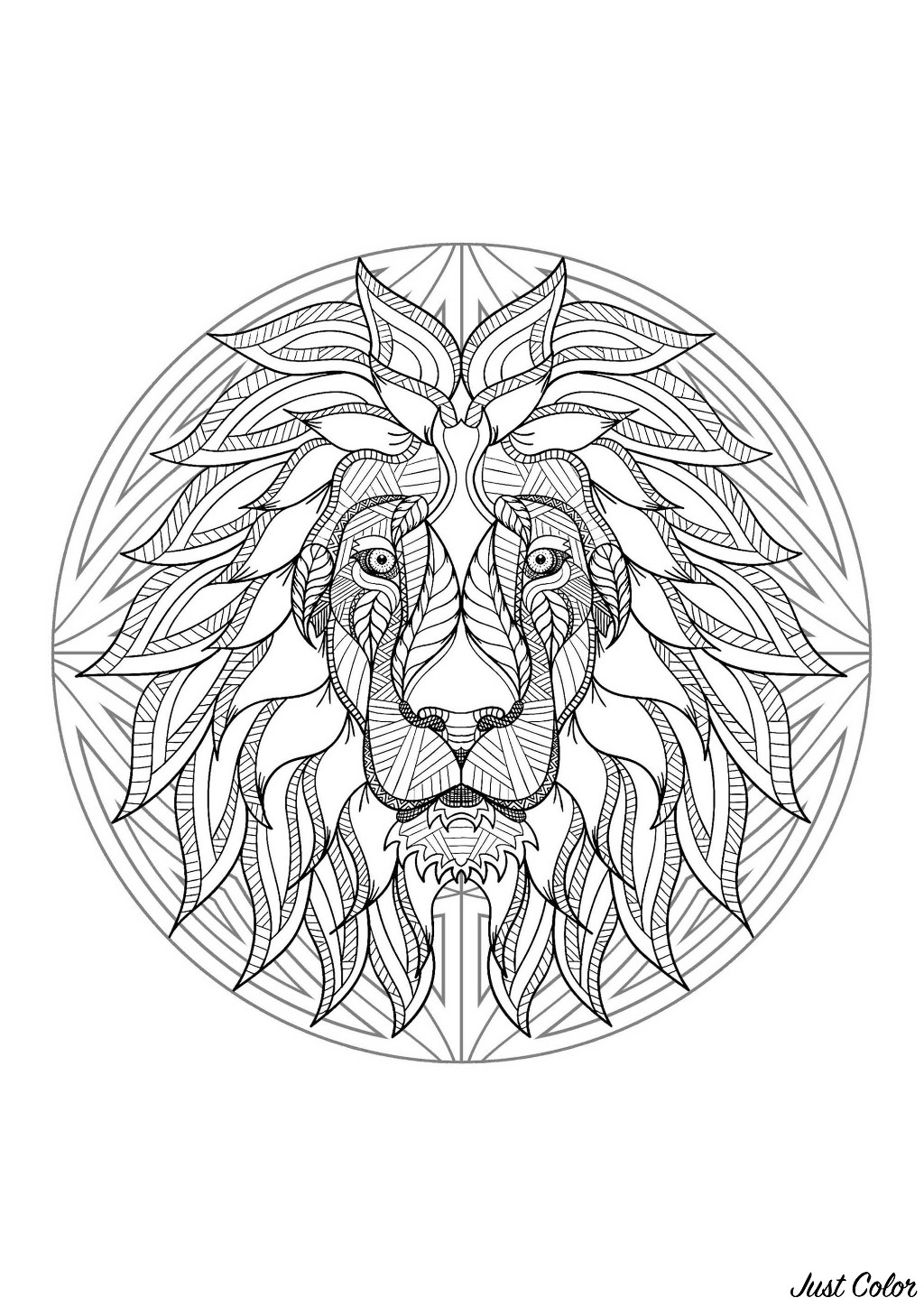 Mandala para colorear con una cabeza de león muy especial y motivos sencillos de fondo