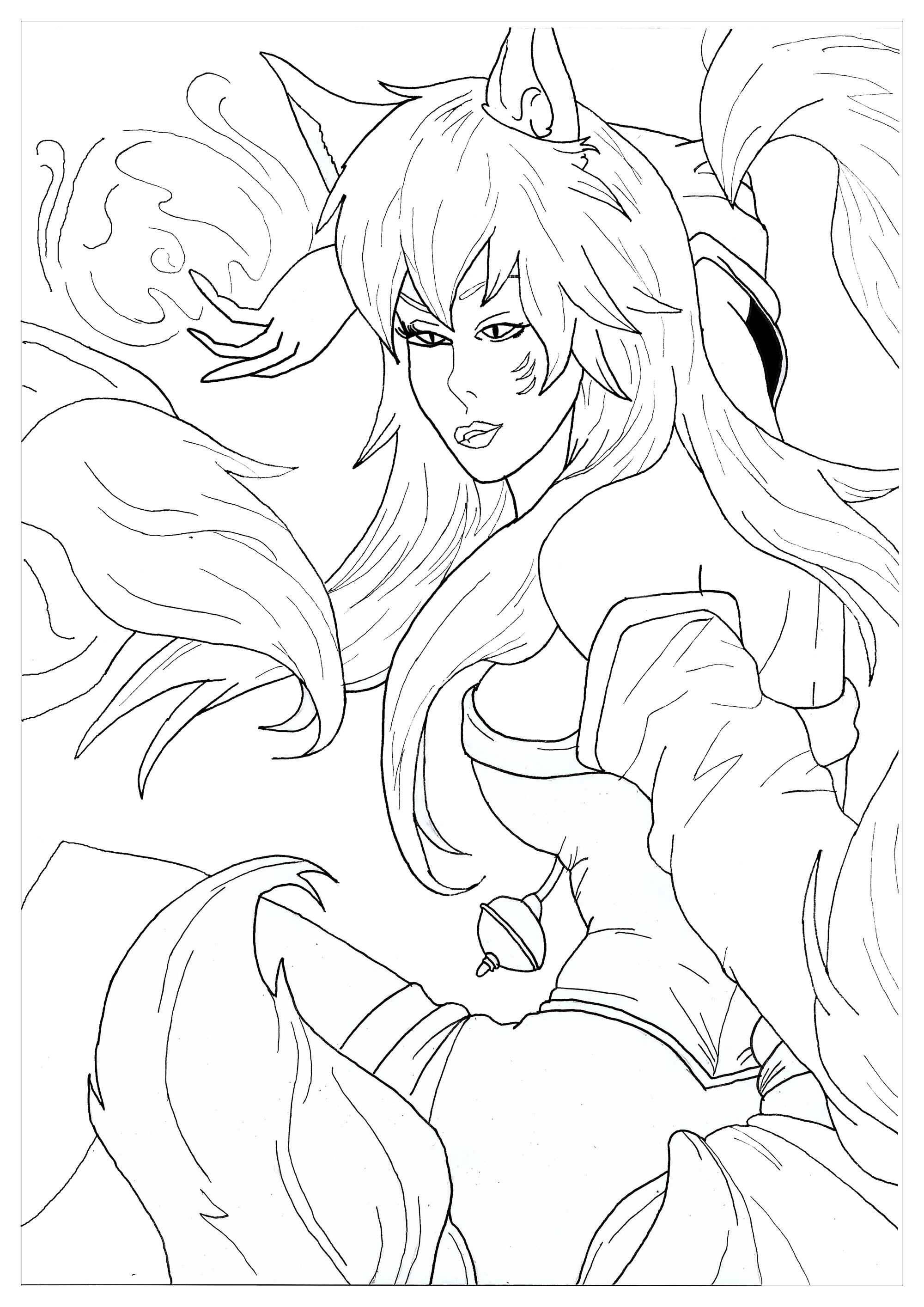Aquí está Ahri, un personaje del videojuego League of Legend. Es una zorra con 9 colas, Artista : Krissy Aquí está Ahri, un personaje del videojuego League of Legend. Es una zorra con 9 colas, Artista : Krissy