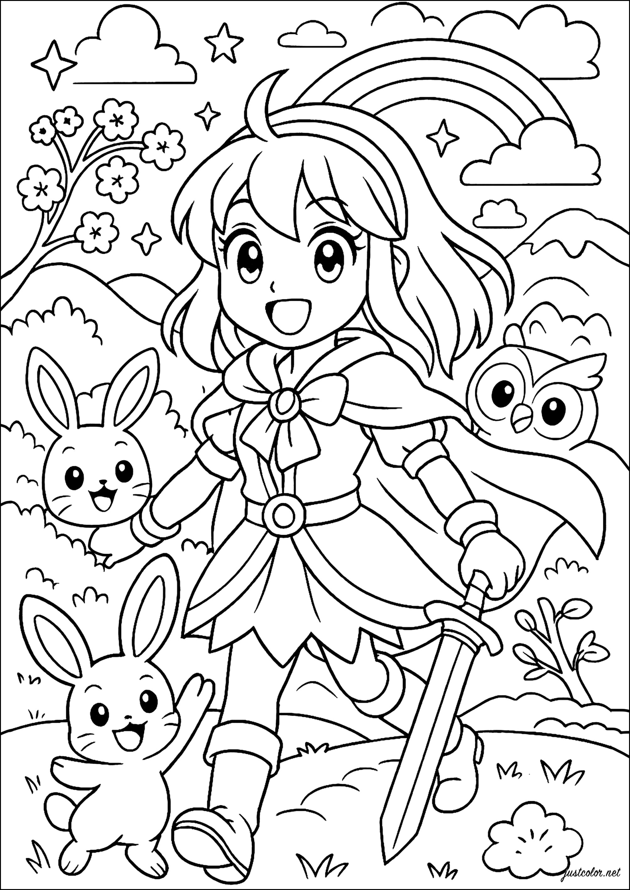 Aventura del bosque encantado (Página de Mangas para imprimir para adultos)