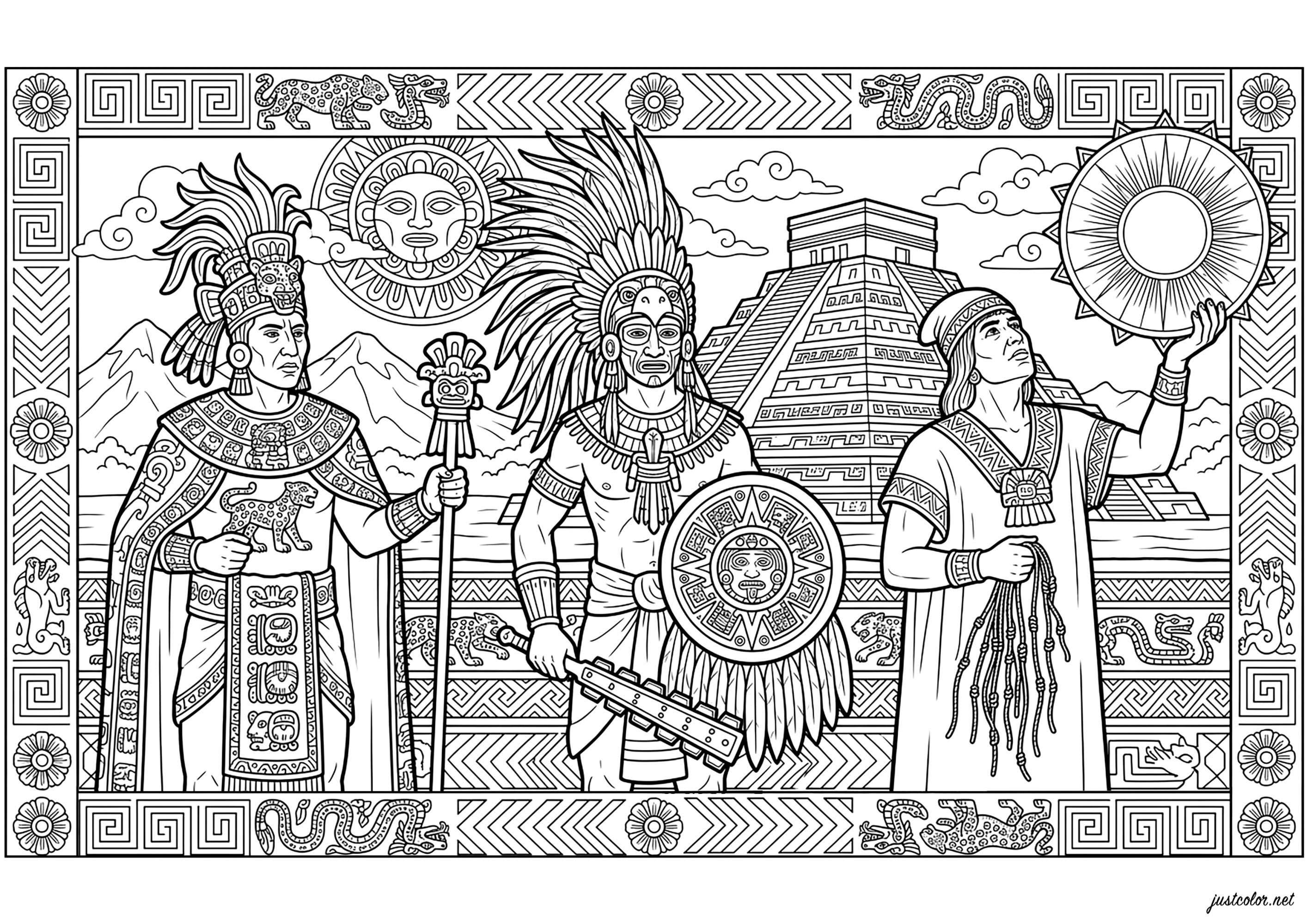 Tríada Mesoamericana (Página de Mayas, Aztecas e Incas para imprimir para adultos)