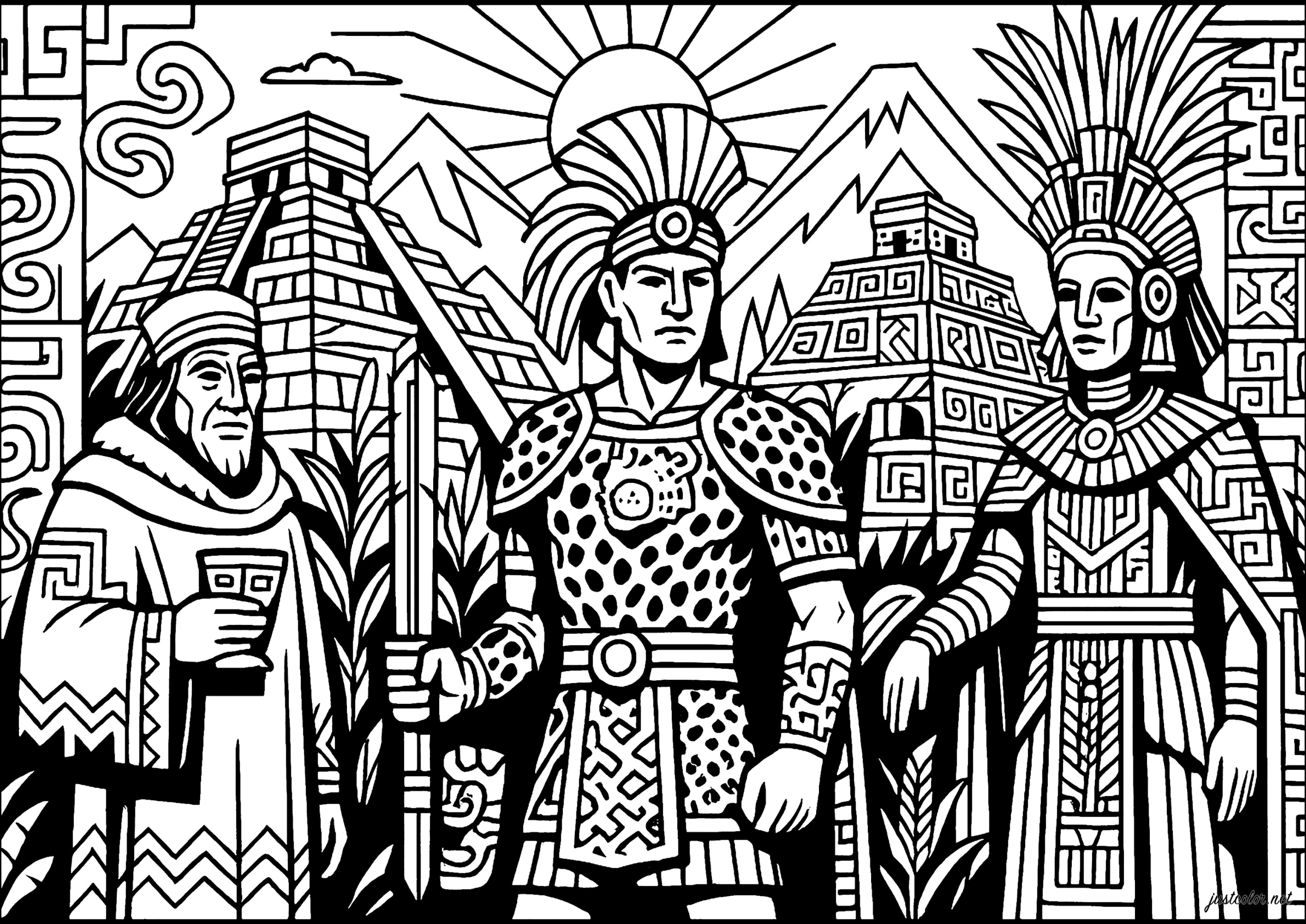 Guardianes de las civilizaciones precolombinas (Página de Mayas, Aztecas e Incas para imprimir para adultos)