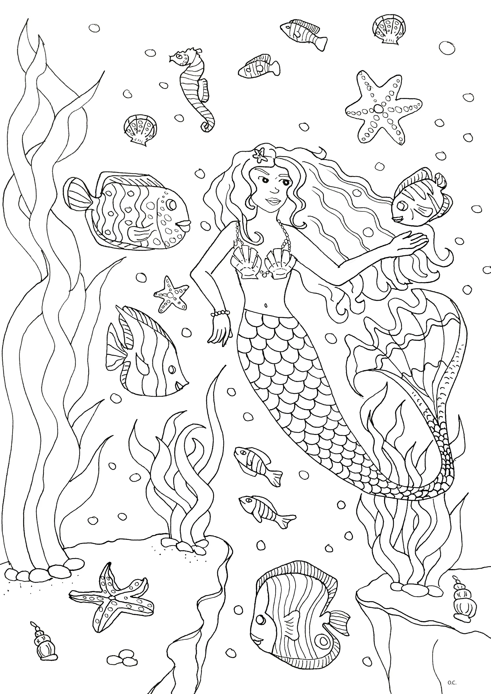 Hermosa sirena y peces que la rodean (Página para imprimir para adultos)