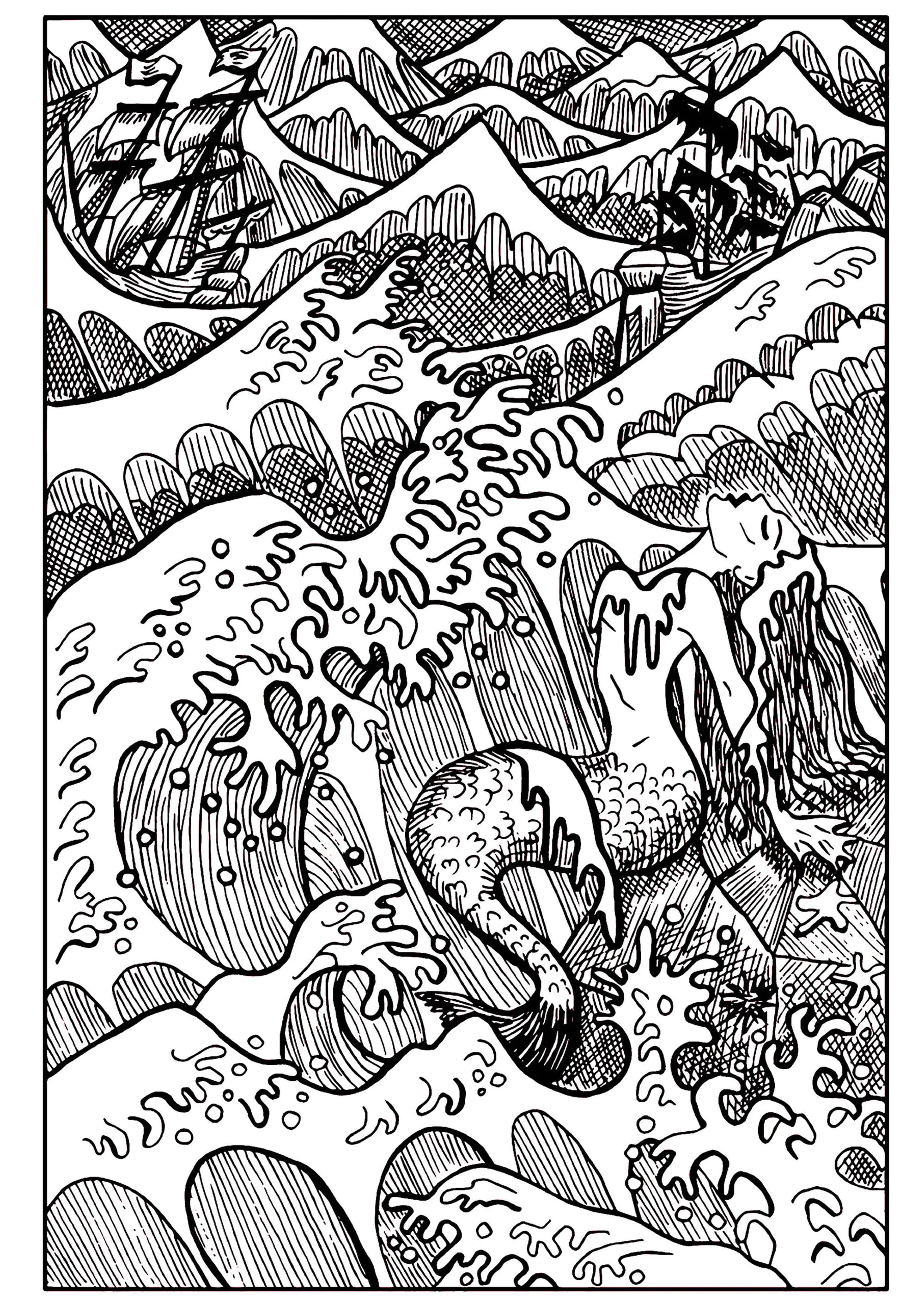 Sirena en un mar embravecido (Página para imprimir para adultos)