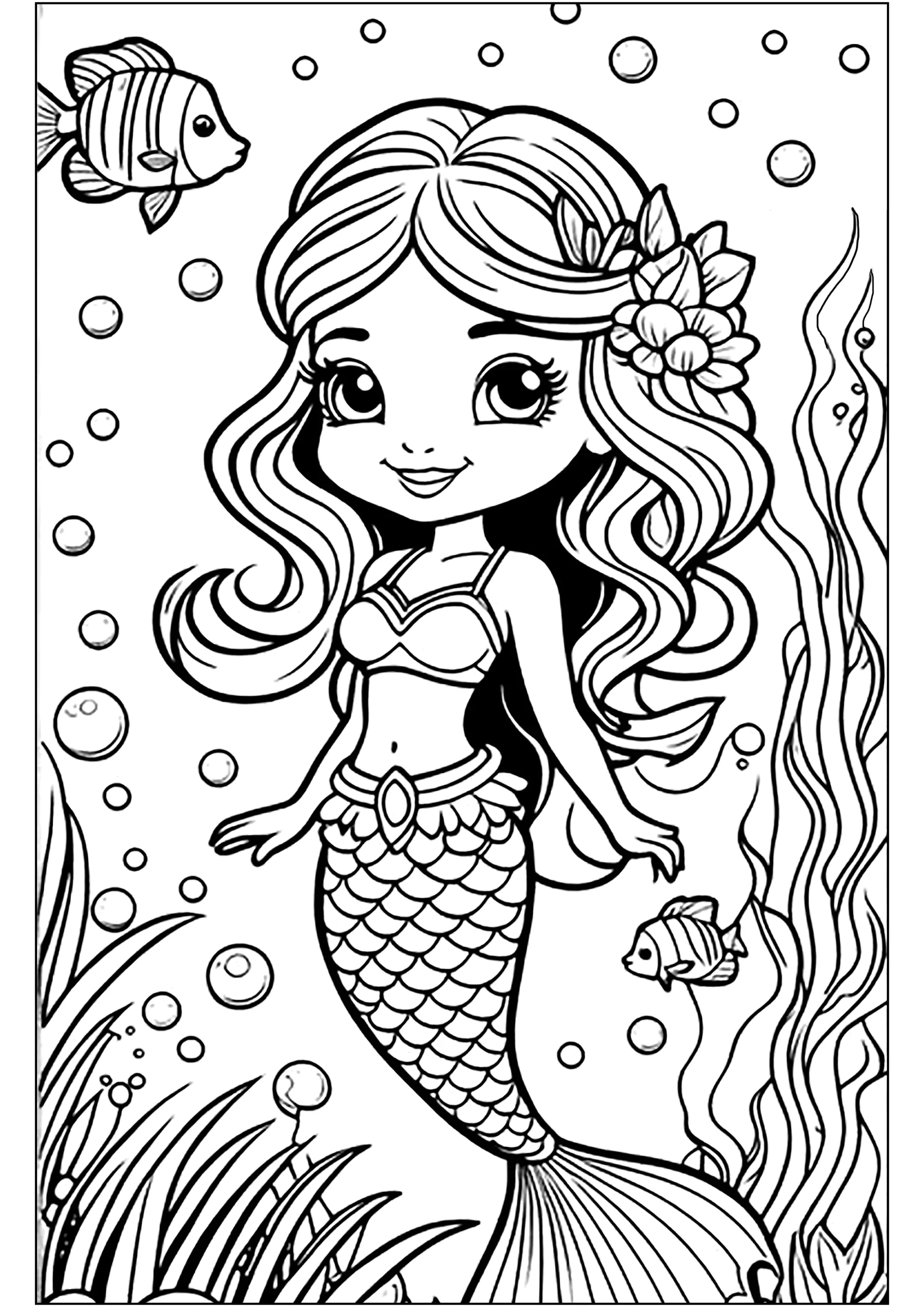 Joven sirena y pez (Página para imprimir para adultos)